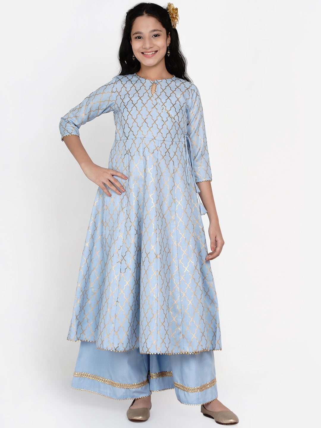 Girl's Blue Printed Regular Kurta with Palazzos - NOZ2TOZ KIDS