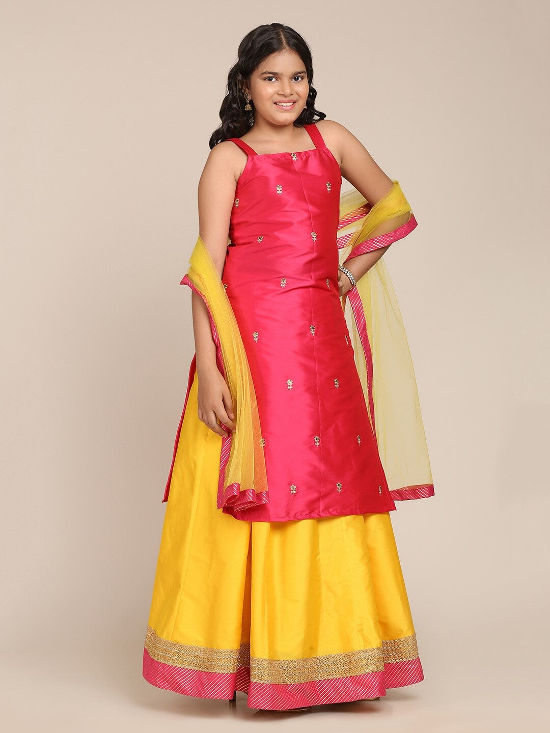 Girl's Pink & Yellow Embroidered Ready to Wear Lehenga & Blouse With Dupatta - NOZ2TOZ KIDS