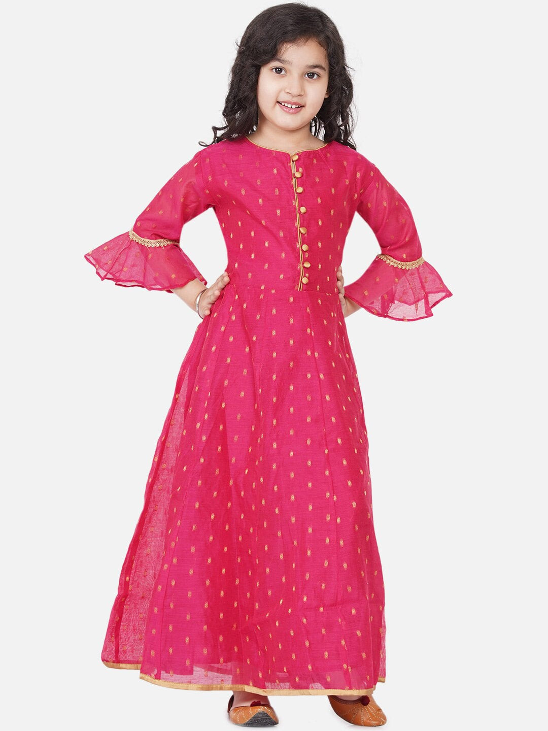 Girl's Pink Bell Sleeves Ethnic Maxi Dress - NOZ2TOZ KIDS
