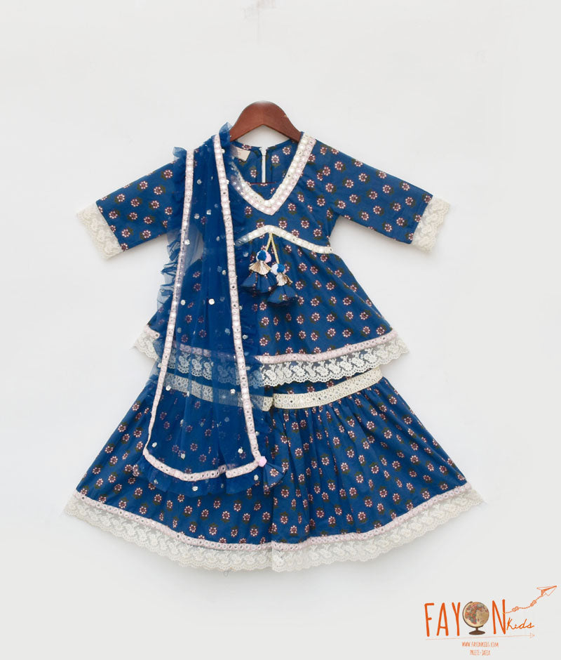 Girl's Blue Cotton Print Kurti Sharara And Blue Net Dupatta - Fayon Kids