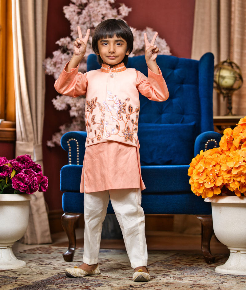 Boy's Peach Gotta Embroidery Nehru Jacket Set - Fayon Kids