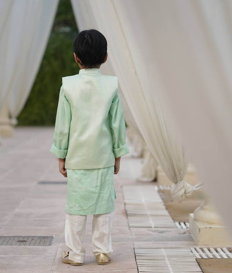 Boy's Green Sequins Embroidery Jacket And Kurta Pant - Fayon Kids