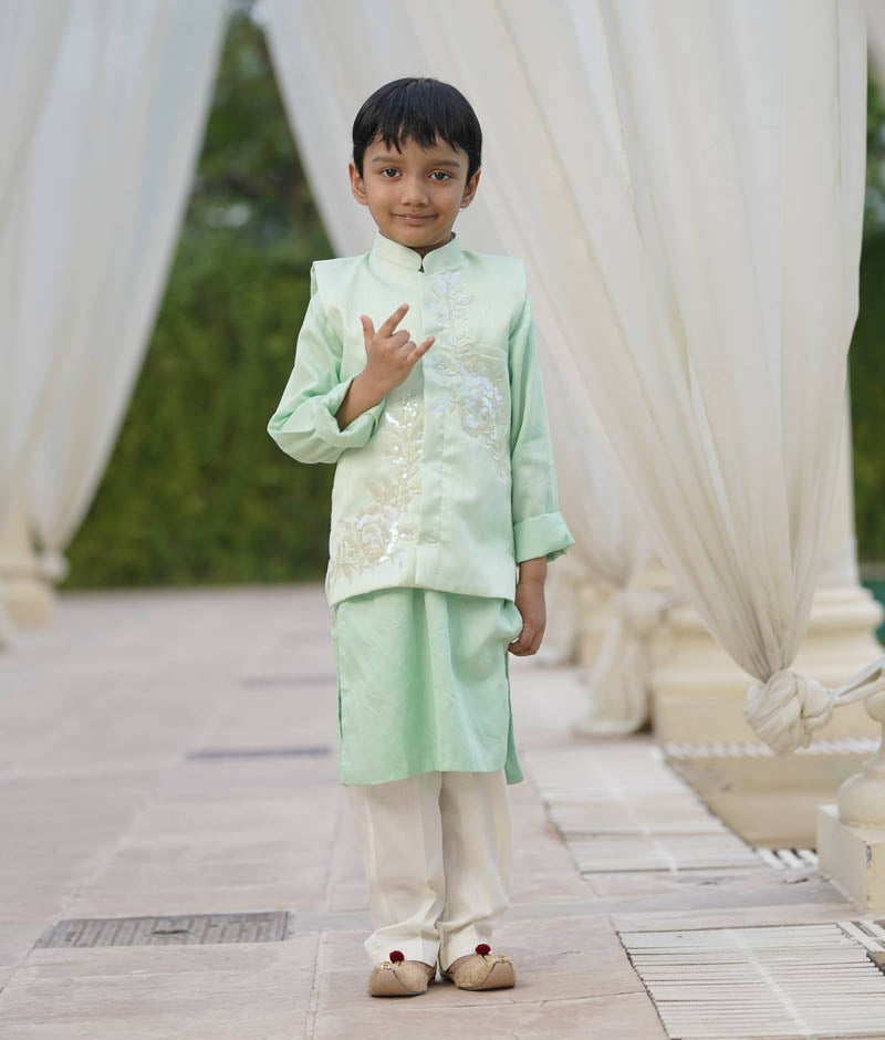 Boy's Green Sequins Embroidery Jacket And Kurta Pant - Fayon Kids