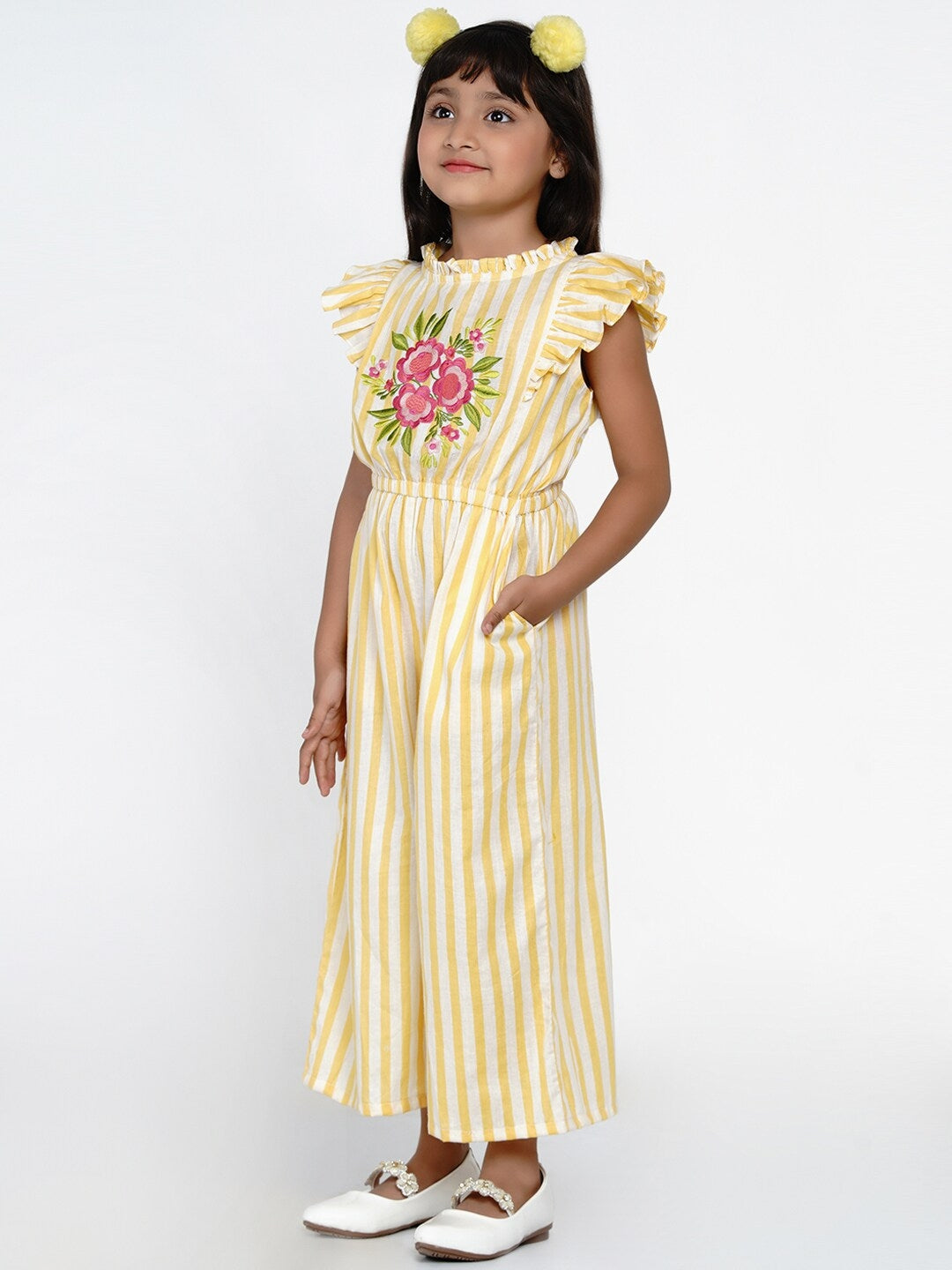 Girl's Yellow & White Striped Basic Jumpsuit - NOZ2TOZ KIDS