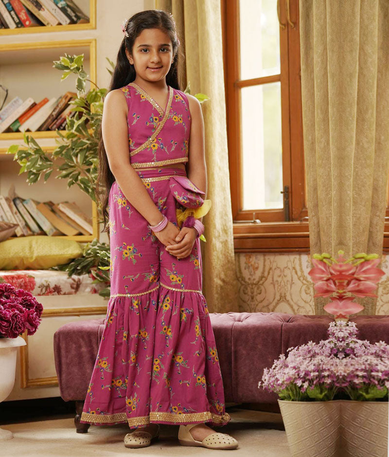 Girl's Purple Print Top And Sharara - Fayon Kids