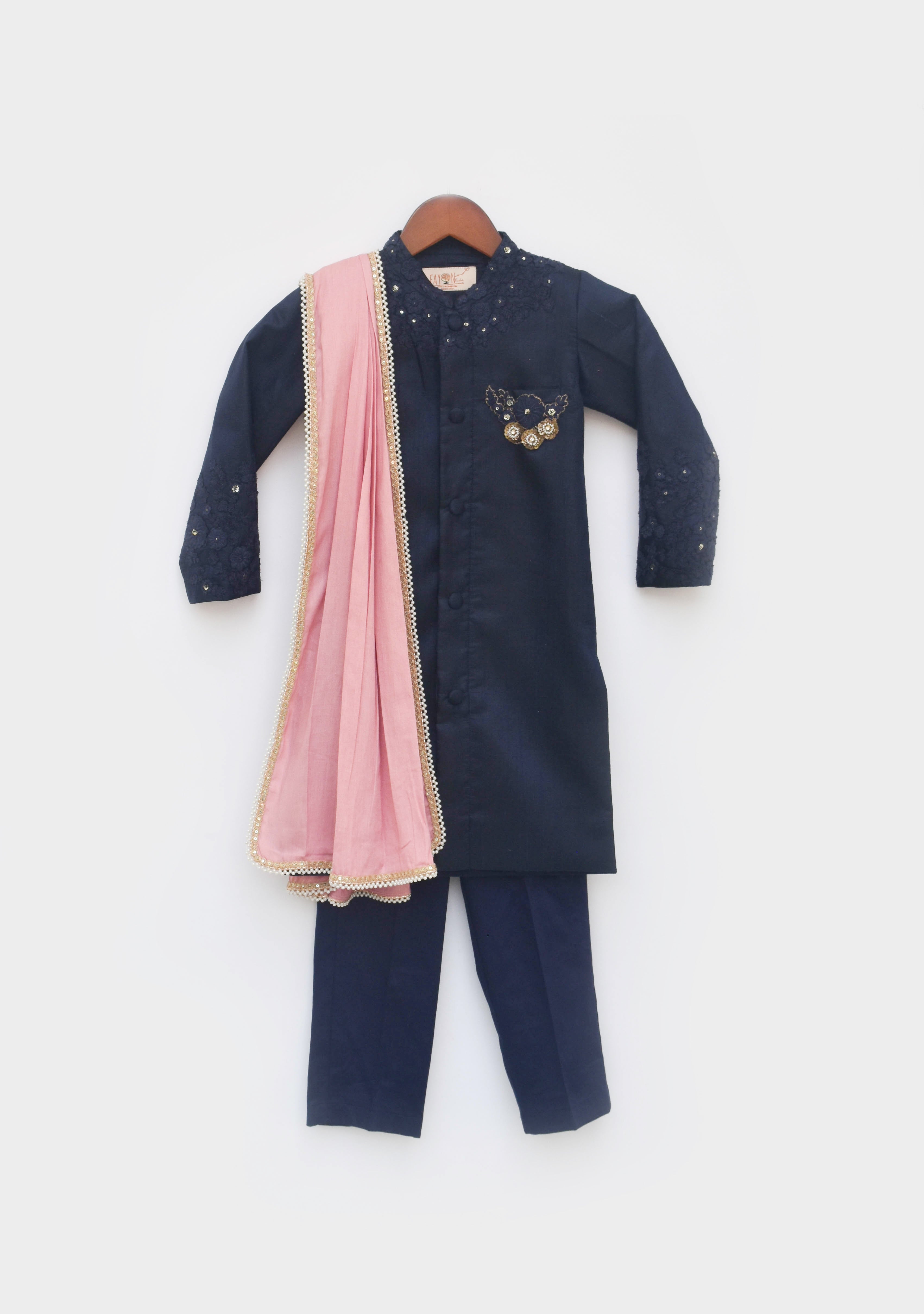 Boy's Blue Silk Ajkan With Pant And Pink Stole - Fayon Kids