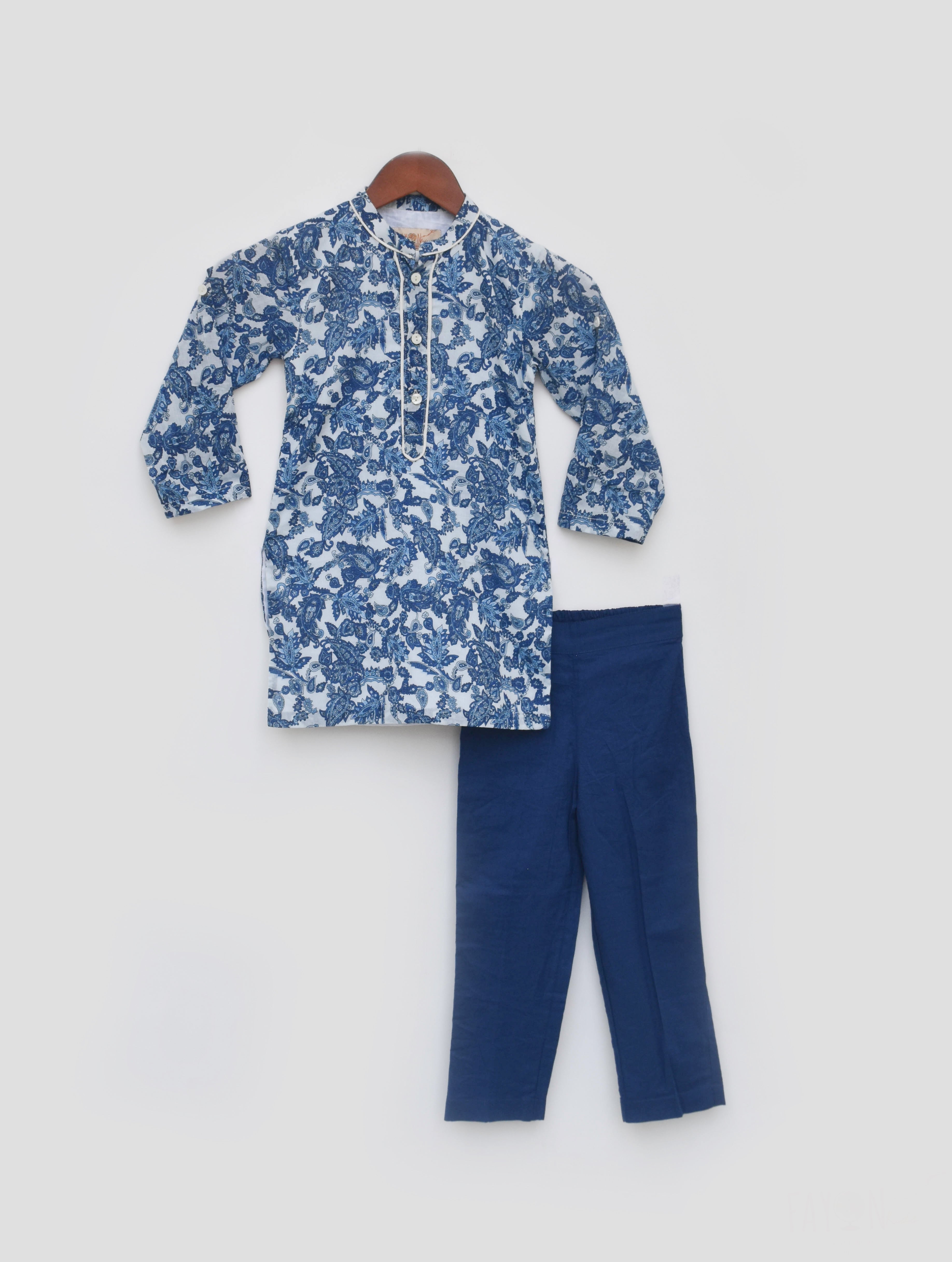 Boy's Blue Cotton Print Kurta And Blue Pant - Fayon Kids