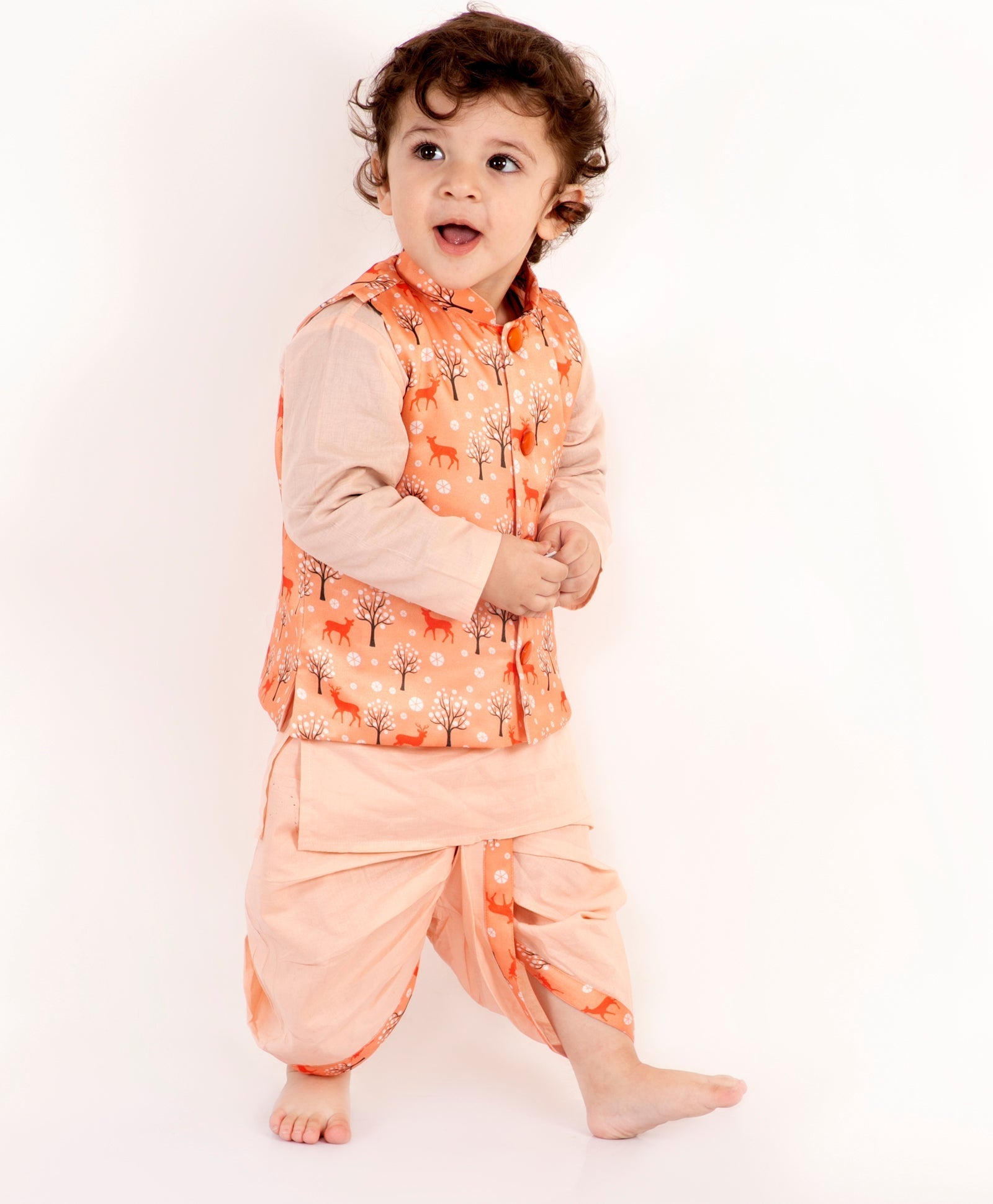 Cotton Digital Print Dhoti Kurta Set for Boys with Jacket - Little Bansi Boys