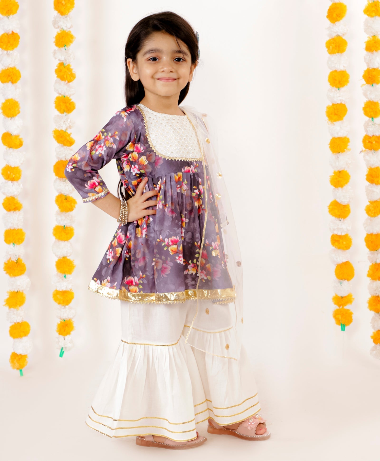 Cotton Blend Floral Kurta & Sharara Set for Girls with Dupatta - Little Bansi Girls