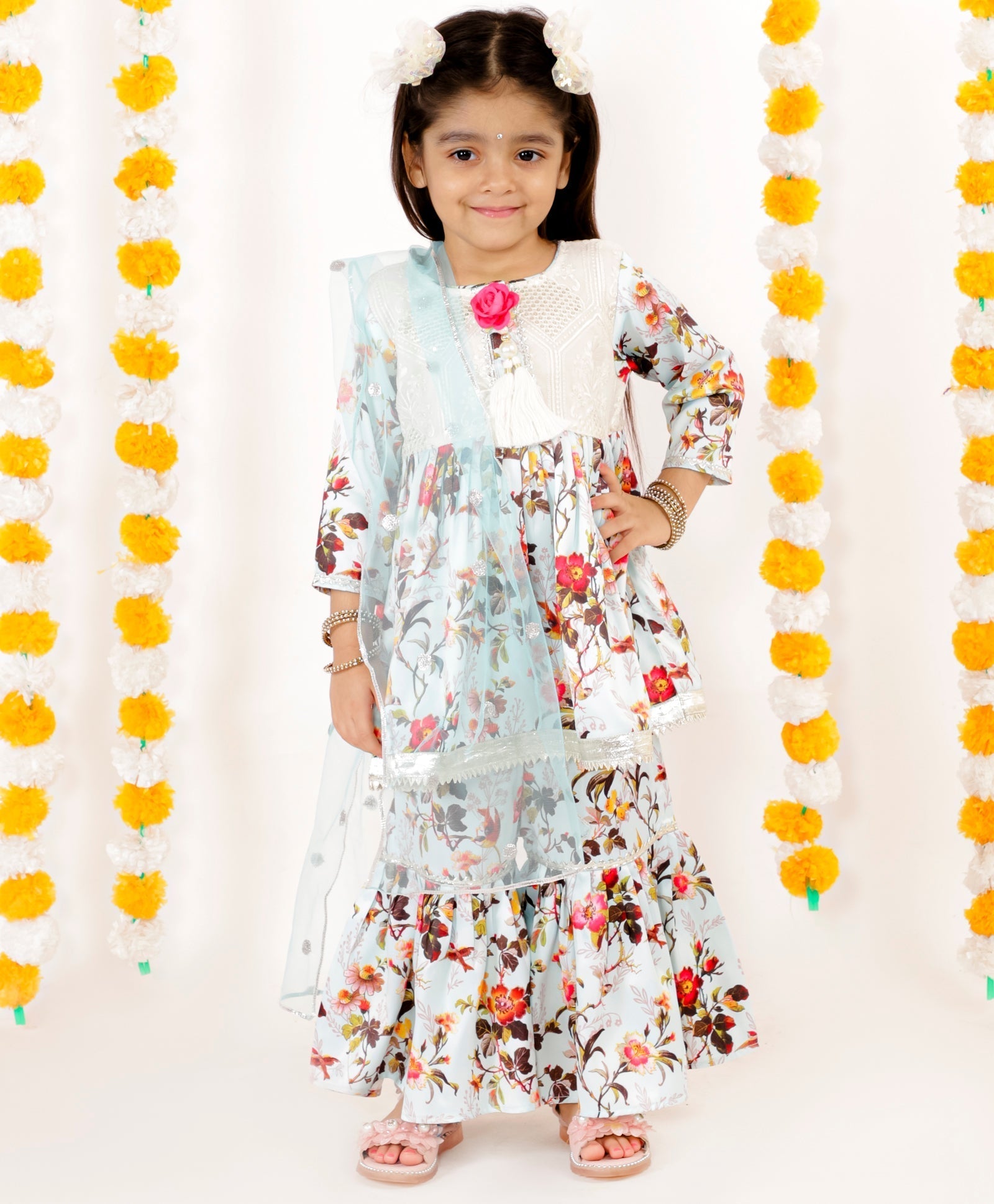 Cotton Blend Floral Kurta & Sharara Set for Girls with Dupatta - Little Bansi Girls