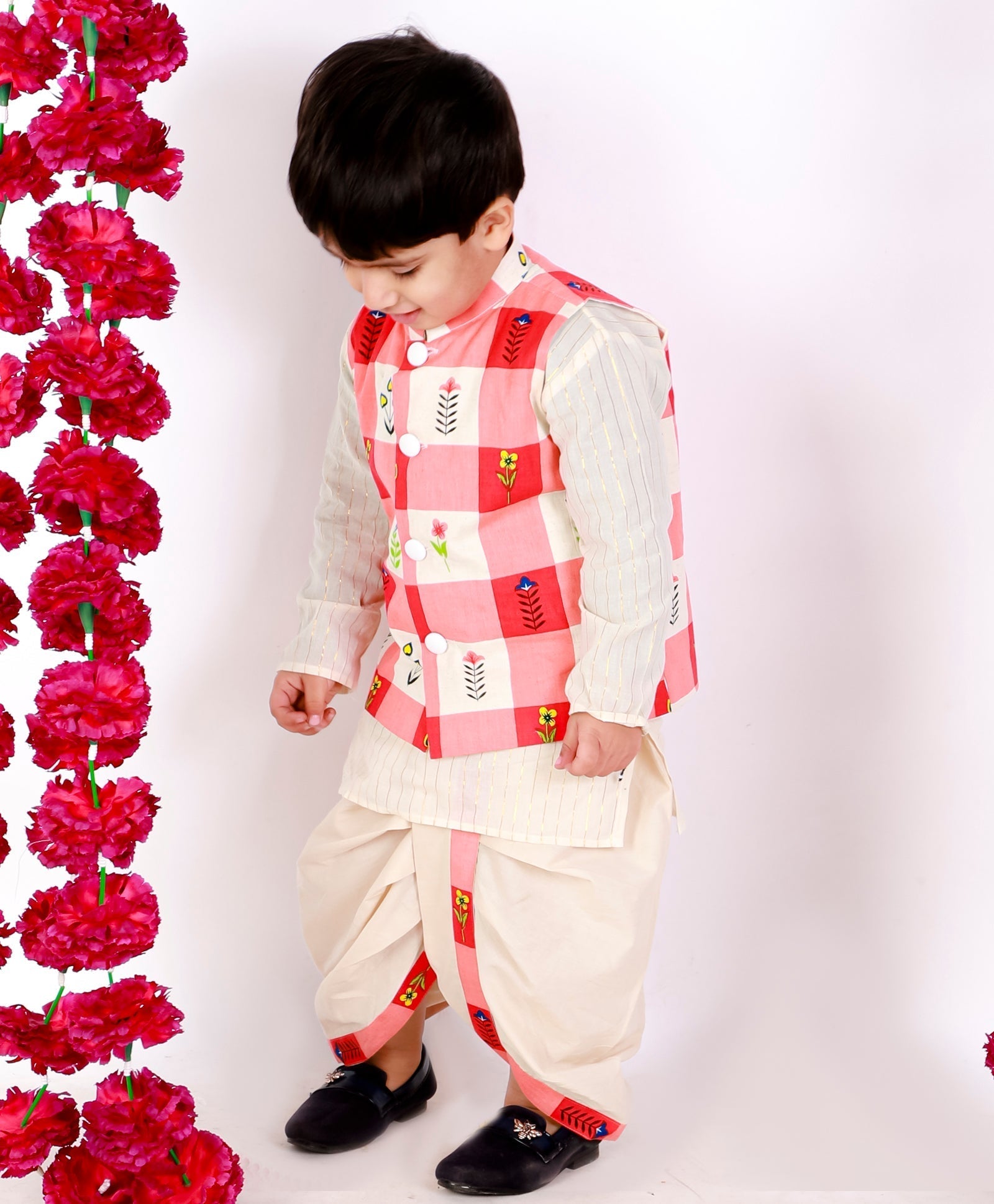 Cotton Digital Print Dhoti Kurta Set for Boys with Jacket - Little Bansi Boys