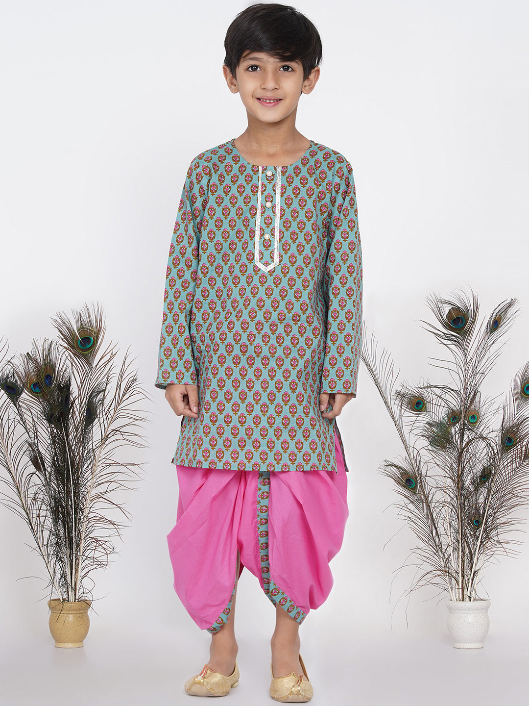 Boy's Floral Kurta with Pearl Buttons and Dhoti in Blue and Pink - Little Bansi Boys