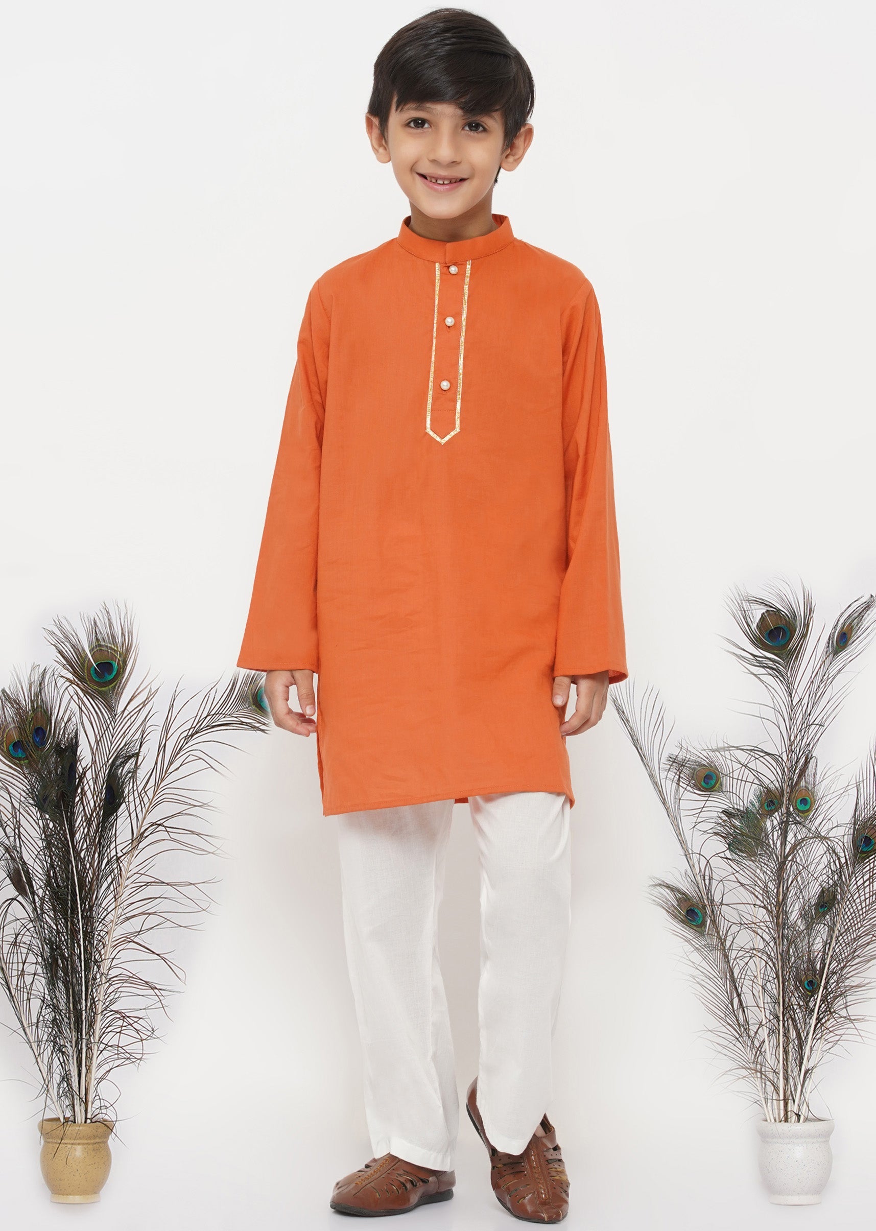 Boy's Cotton Kesari Kurta With Pearl Buttons And Pyjama -Orange And Cream - Little Bansi Boys
