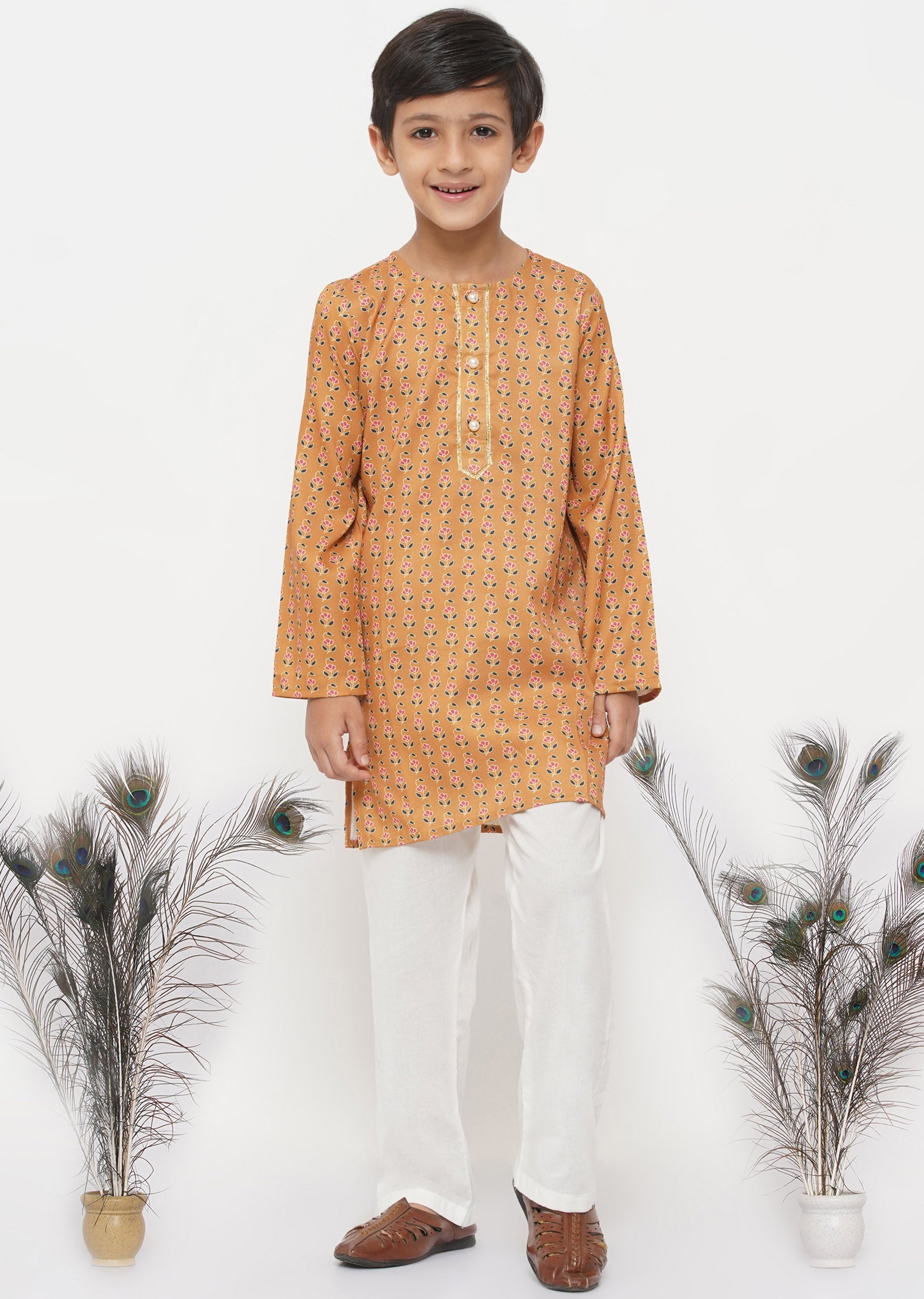 Boy's Cotton Silk Floral Kurta With Pearl Buttons And Pyjama - Orange And Cream - Little Bansi Boys