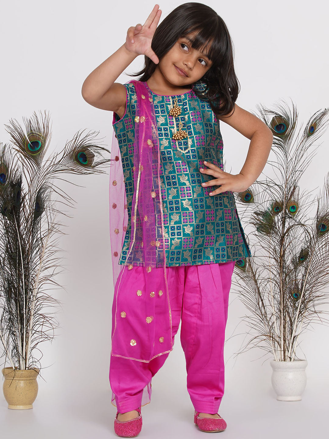 Girl's Bird Print Banarsi Kurta With Salwar And Dupatta - Peacock Green And Rani - Little Bansi Girls