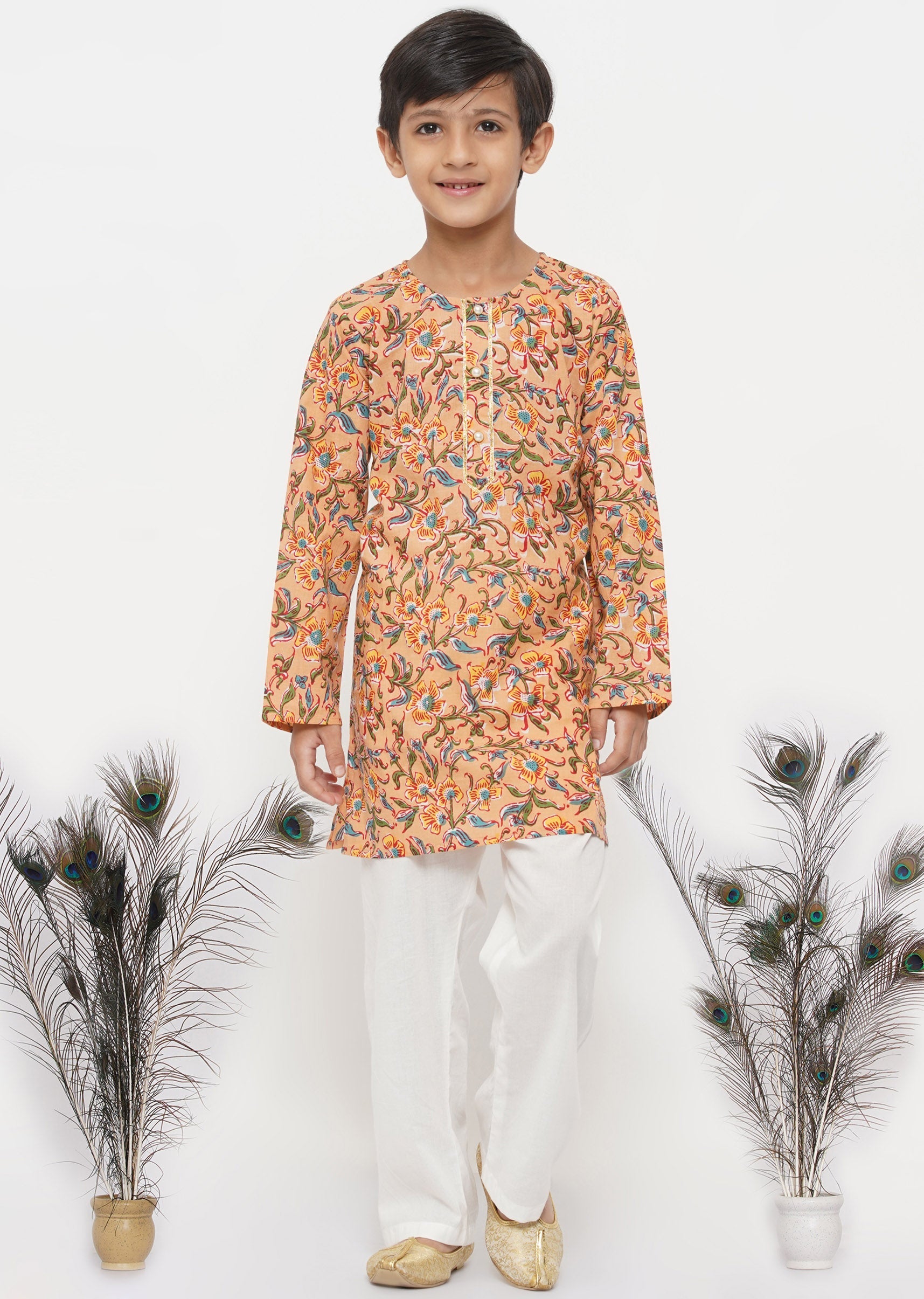 Boy's Cotton Block Print Floral Kurta With Pearl Buttons And Pyjama In Orange And Cream - Little Bansi Boys