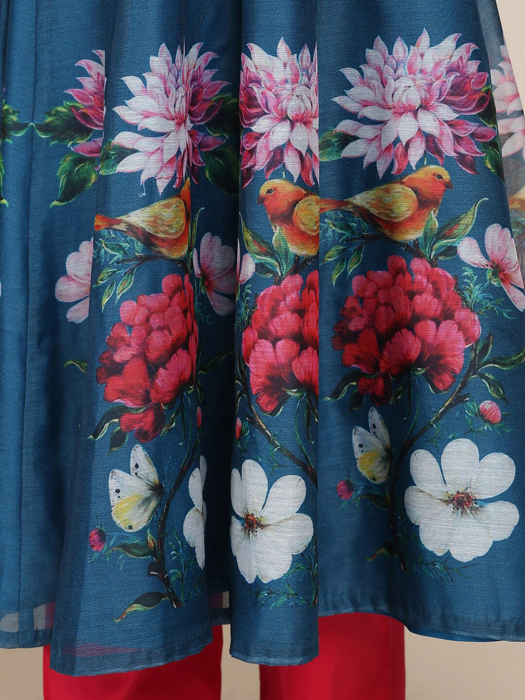 Girl's Blue & Fuchsia Floral Printed Pleated Kurta with Trousers & Dupatta - NOZ2TOZ KIDS