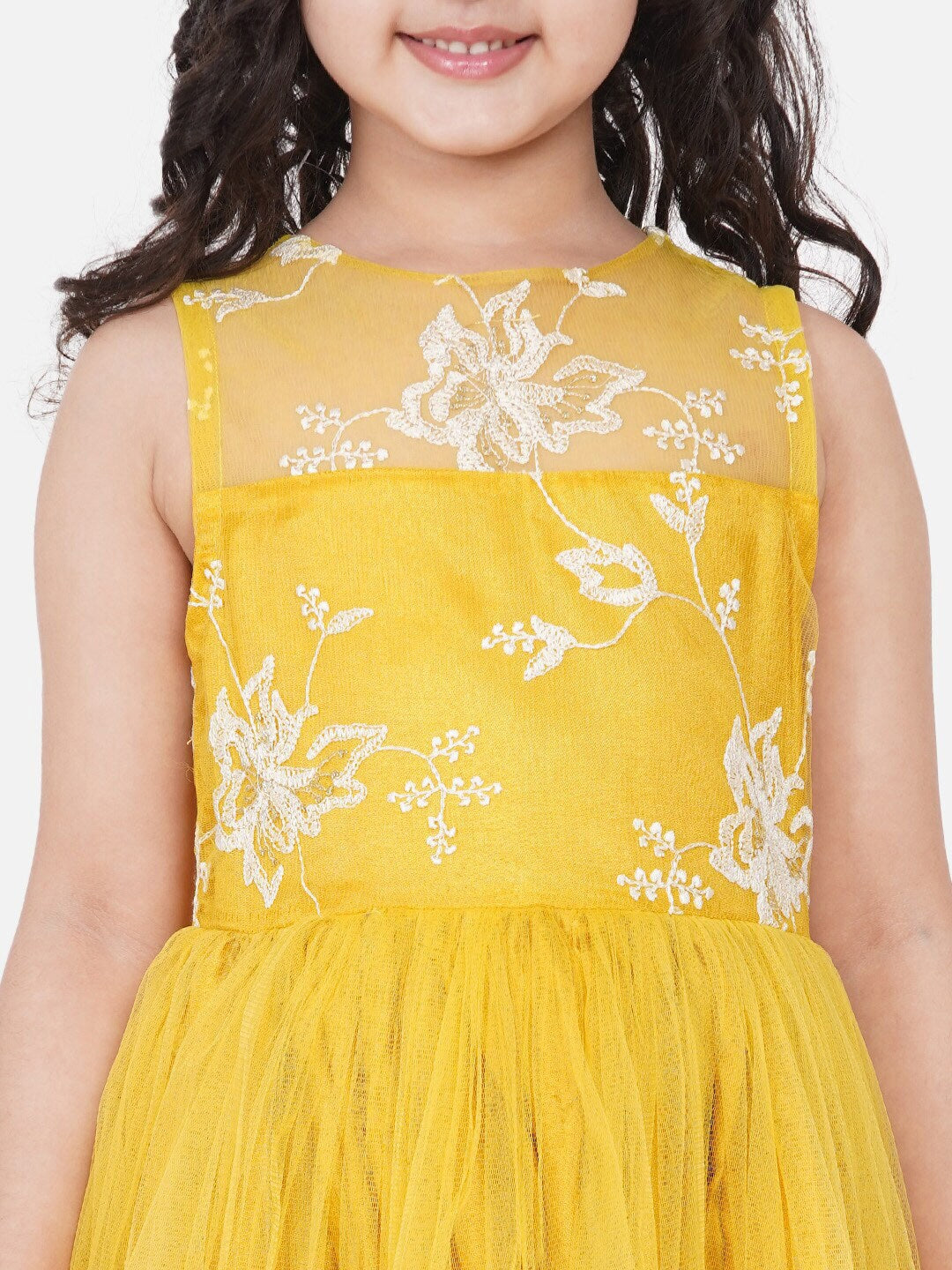 Girl's Yellow Embellished Net Maxi Dress - NOZ2TOZ KIDS