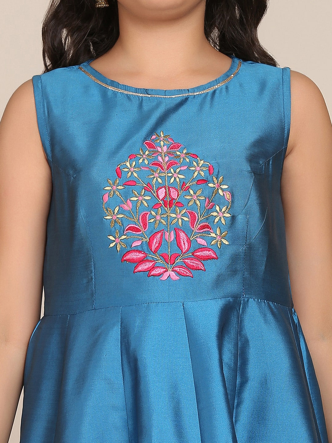 Girl's Blue Floral Embroidered Yoke Design Pleated Kurta with Palazzos & Dupatta - NOZ2TOZ KIDS