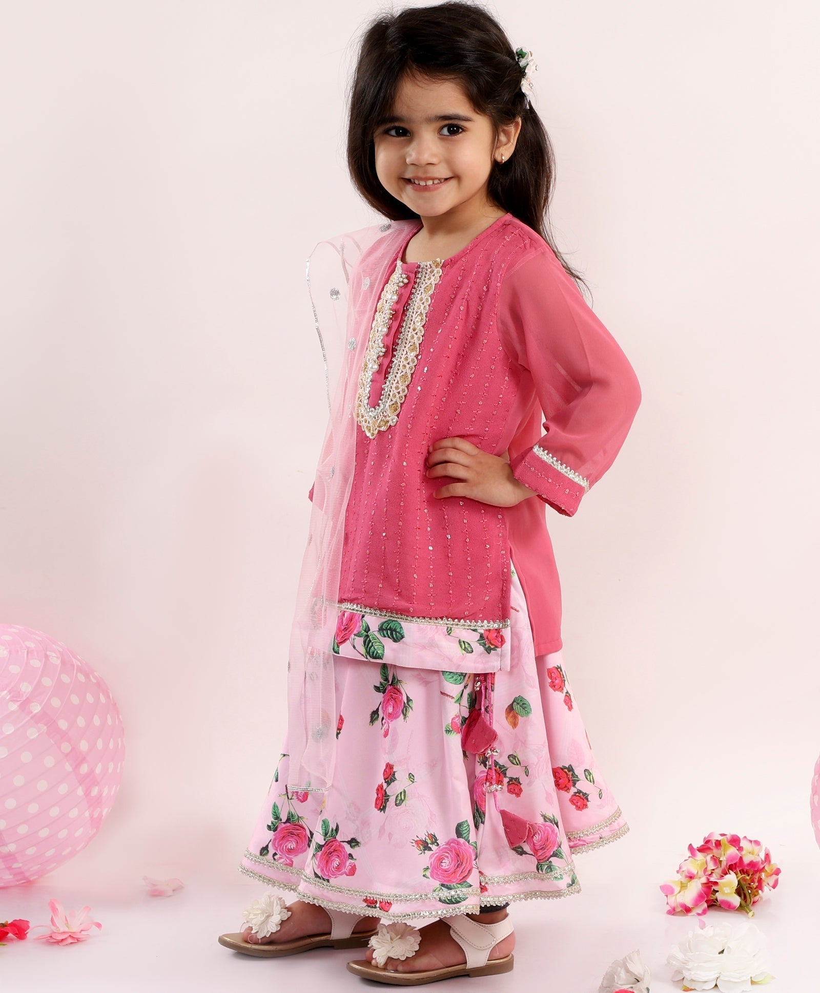 Cotton Blend Floral Lehenga & Blouse Set for Girls with Dupatta - Little Bansi Girls