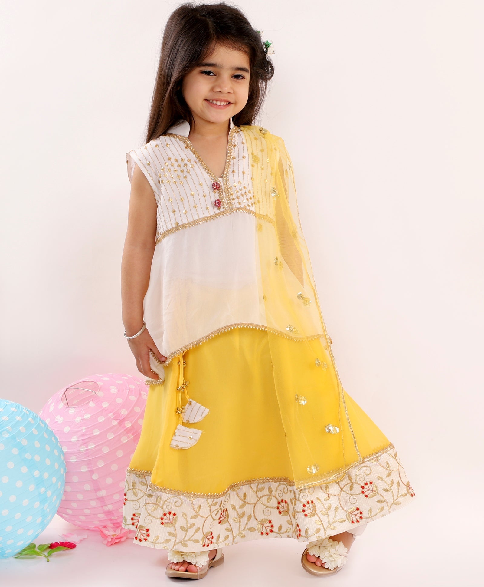 Cotton Blend Floral Lehenga & Blouse Set for Girls with Dupatta - Little Bansi Girls