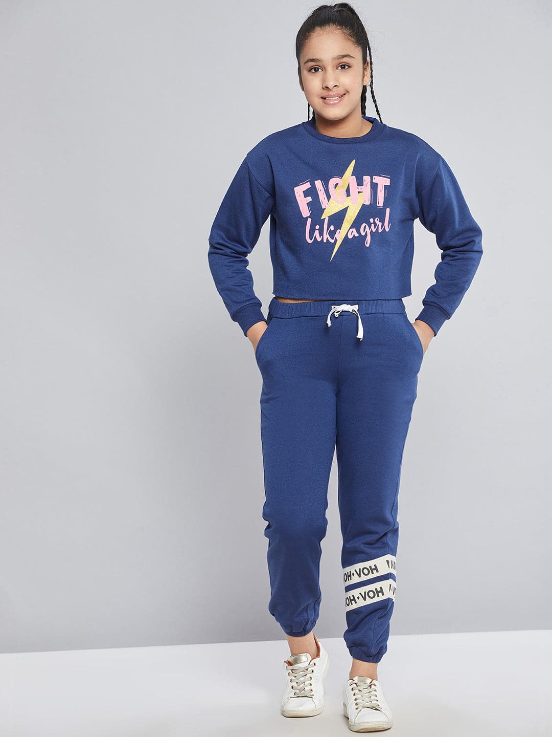 Girl's Blue Fleece Brand Tape Joggers - LYUSH KIDS