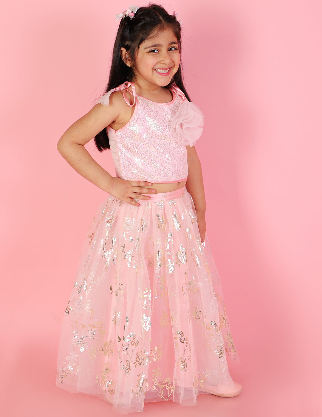 Girl's Sequins Top With Flower Corsage & Foil Printed Skirt-Pink - Lil Peacock
