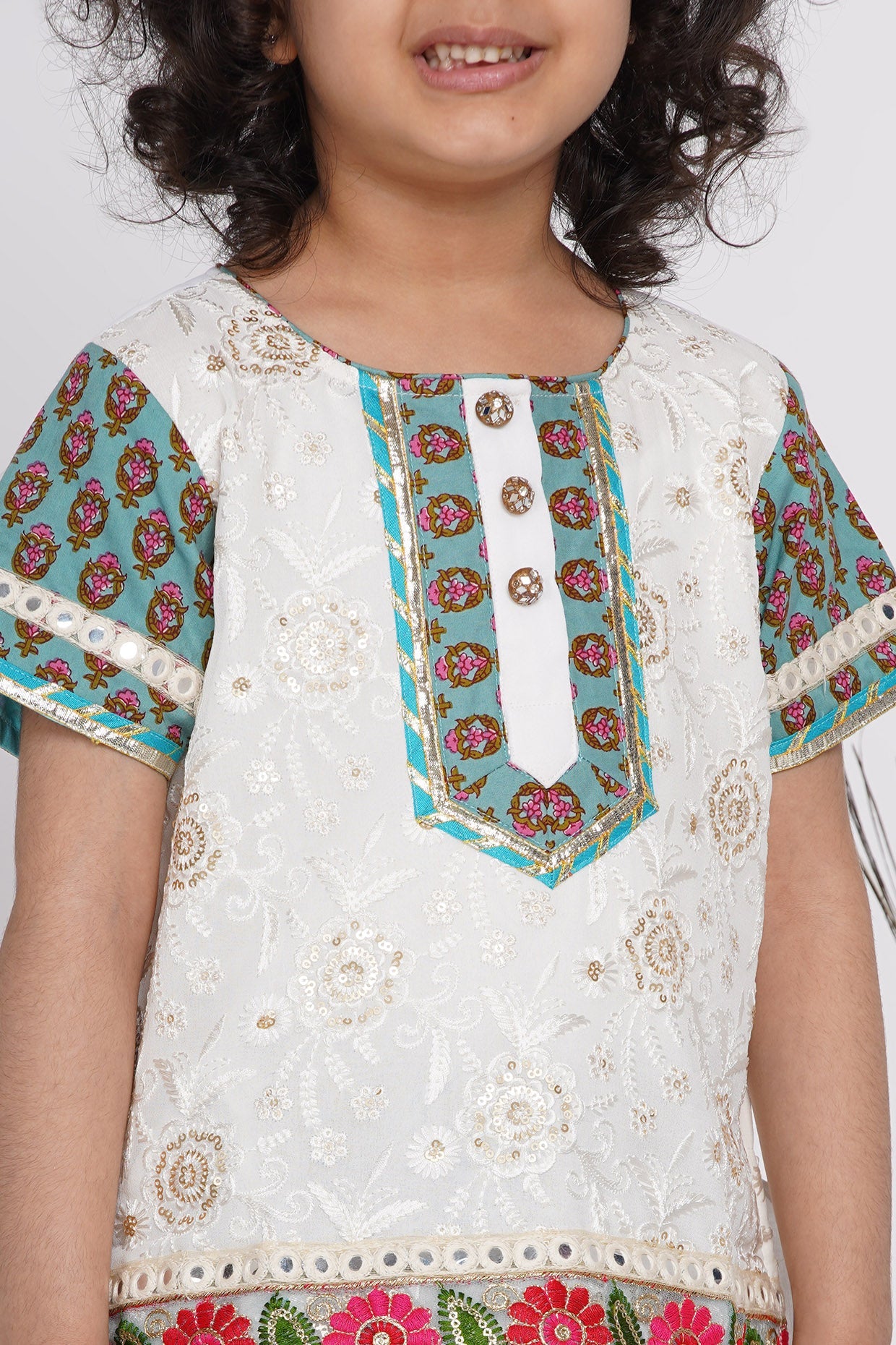 Girl's Cotton Floral Embroidery Kurta With Kali Work Lehenga And Tussel - White And Multicolor - Little Bansi Girls