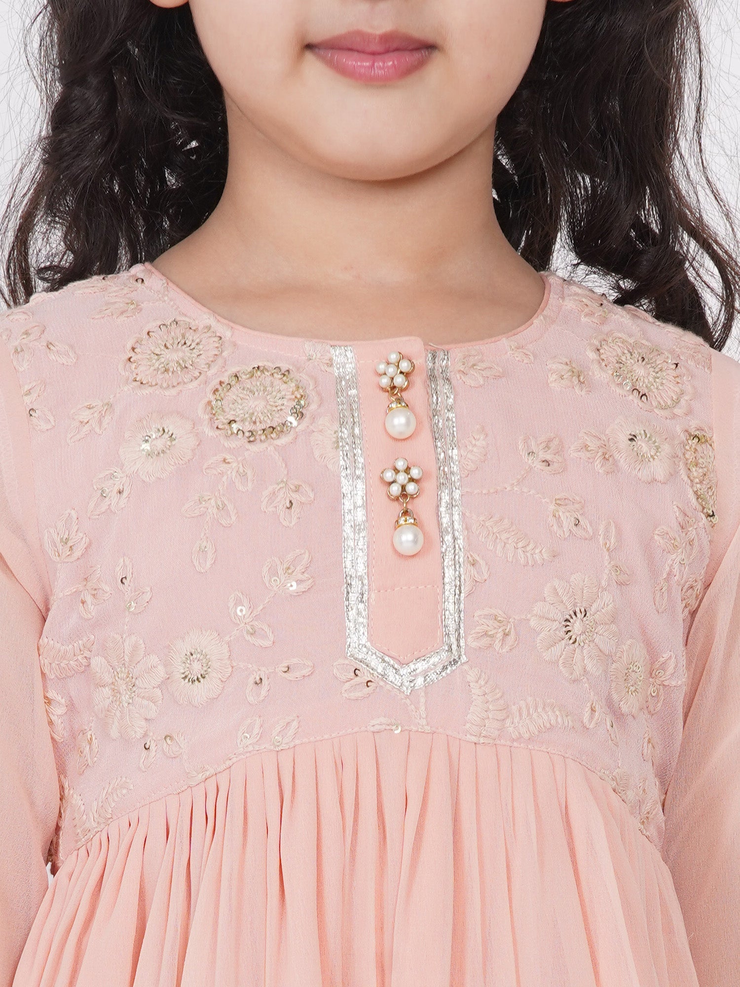 Girl's Cotton And Georgette Jaipuri Lacework And Gotta Patti Work Kurta Frock With Sharara And Dupatta - Peach - Little Bansi Girls
