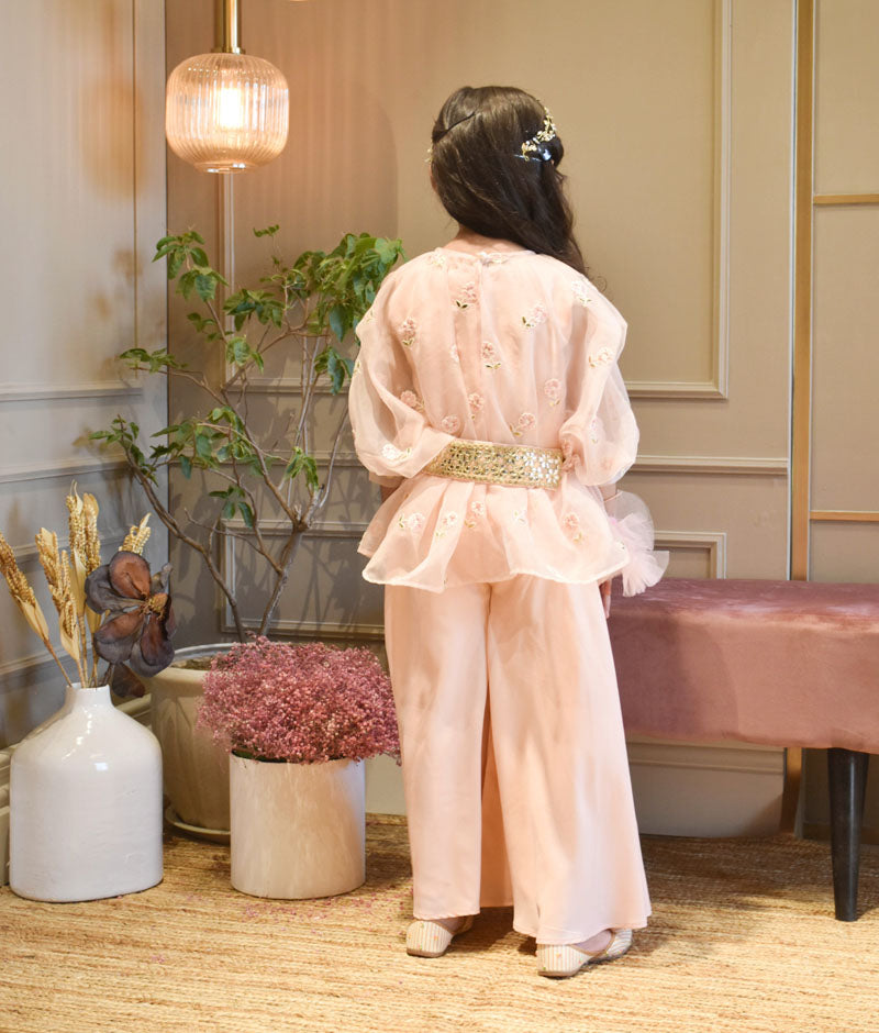 Girl's Peach Crape Jumpsuit And Organza Cape - Fayon Kids