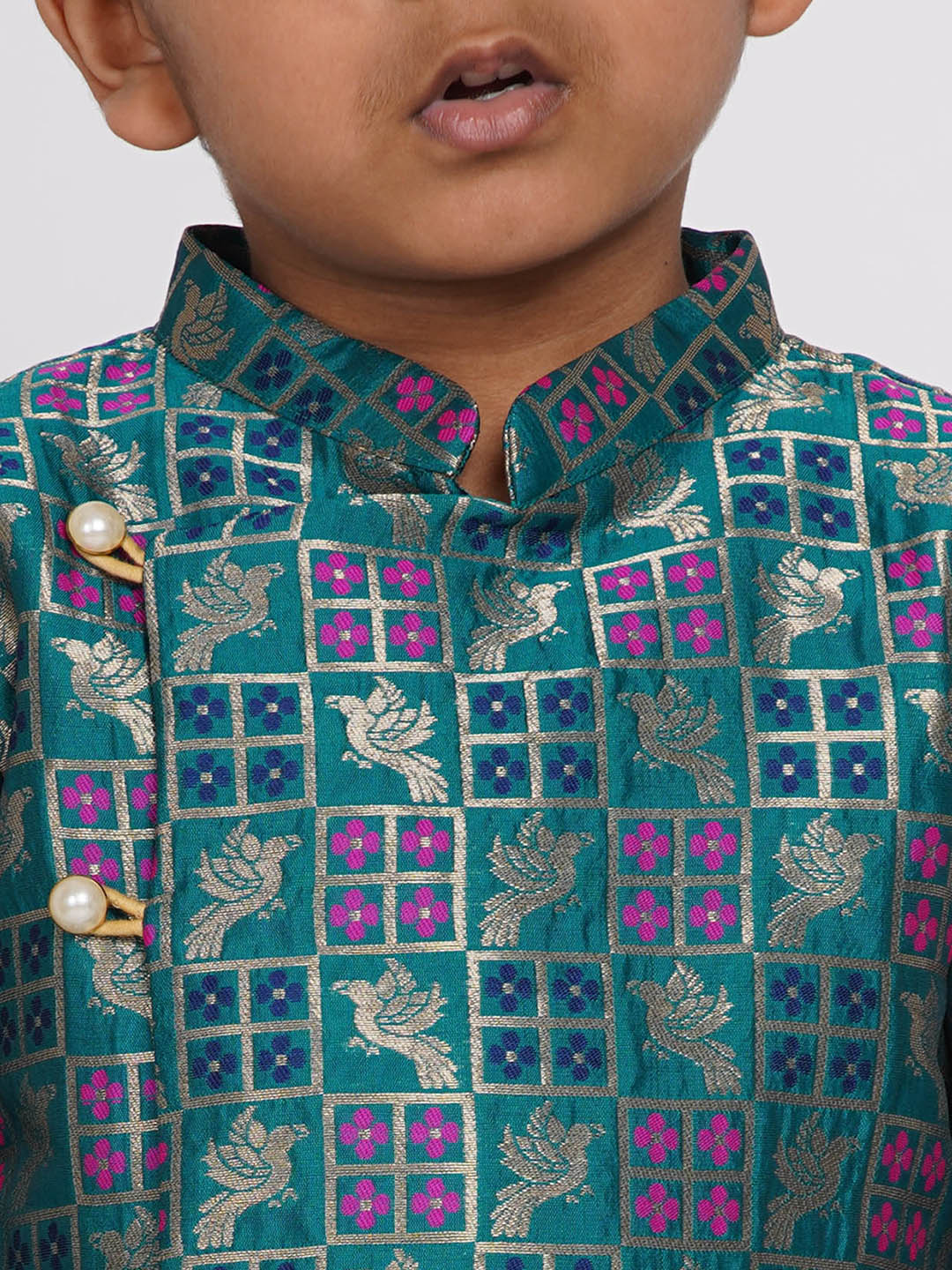 Boy's Peacock Banarsi Sherwani with Pyjama - Peacock Green and Beige - Little Bansi Boys