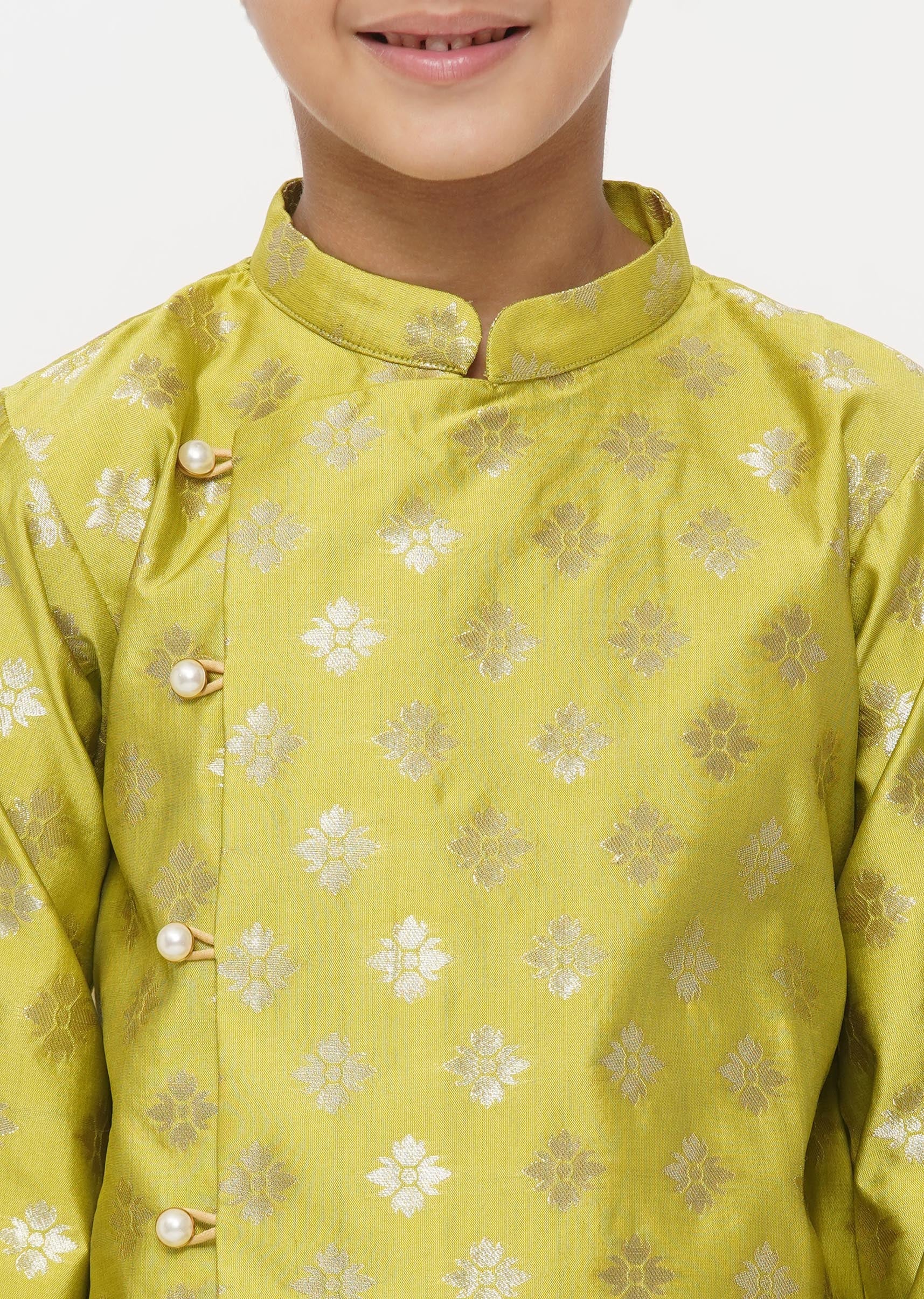 Boy's Banarsi Silk Sherwani With Pyjama - Apple Green And Cream - Little Bansi Boys