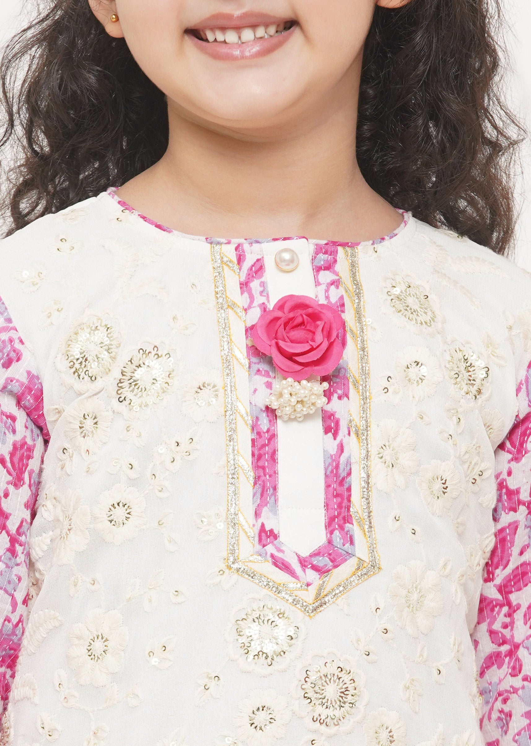 Girl's Cotton Floral Embroidery Kurta With Floral Detaling And And Floral Sharara With Dupatta - White And Pink - Little Bansi Girls