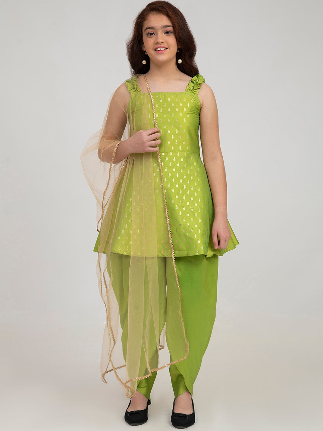 Girl's Green Ethnic Motifs Kurti with Dhoti Pants & With Dupatta - NOZ2TOZ KIDS