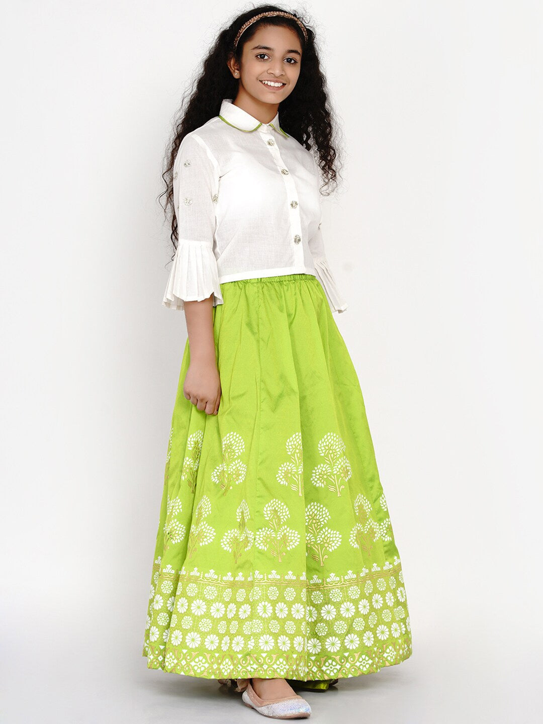 Girl's White & Green Block Print Ready to Wear Lehenga & Blouse - NOZ2TOZ KIDS