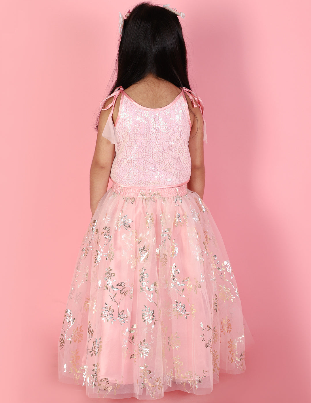 Girl's Sequins Top With Flower Corsage & Foil Printed Skirt-Pink - Lil Peacock