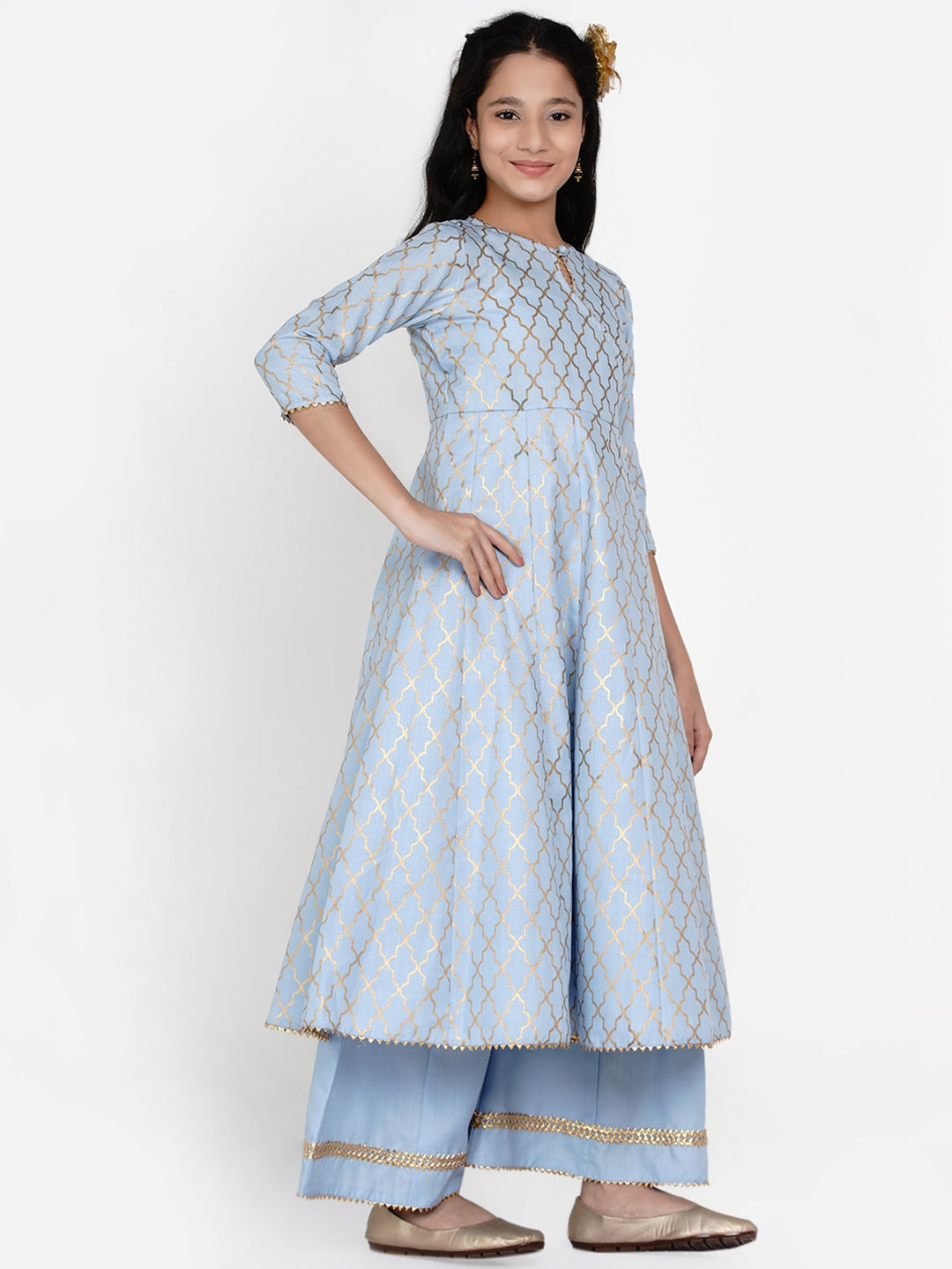 Girl's Blue Printed Regular Kurta with Palazzos - NOZ2TOZ KIDS