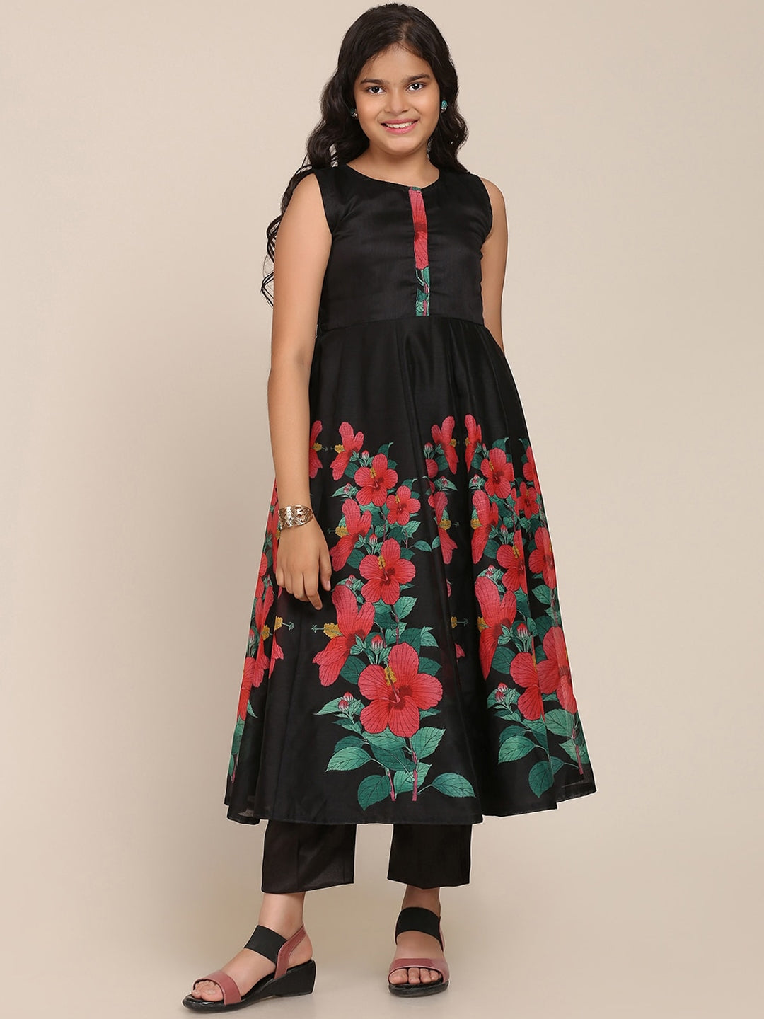 Girl's Black Floral Printed Pleated Kurta with Trousers & With Dupatta - NOZ2TOZ KIDS