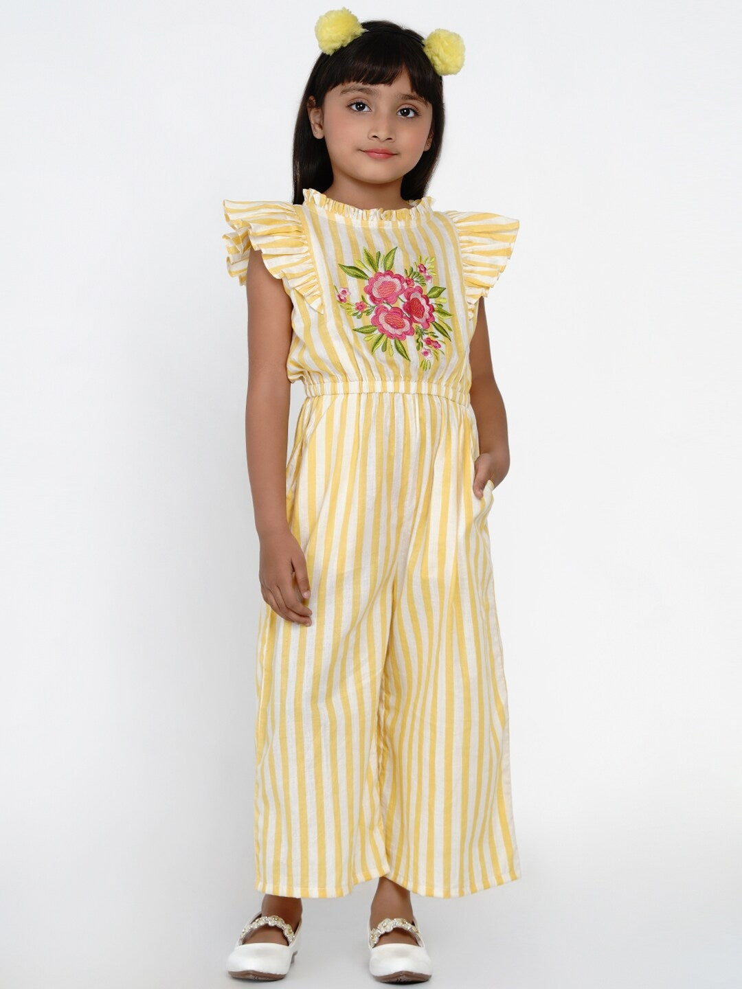 Girl's Yellow & White Striped Basic Jumpsuit - NOZ2TOZ KIDS