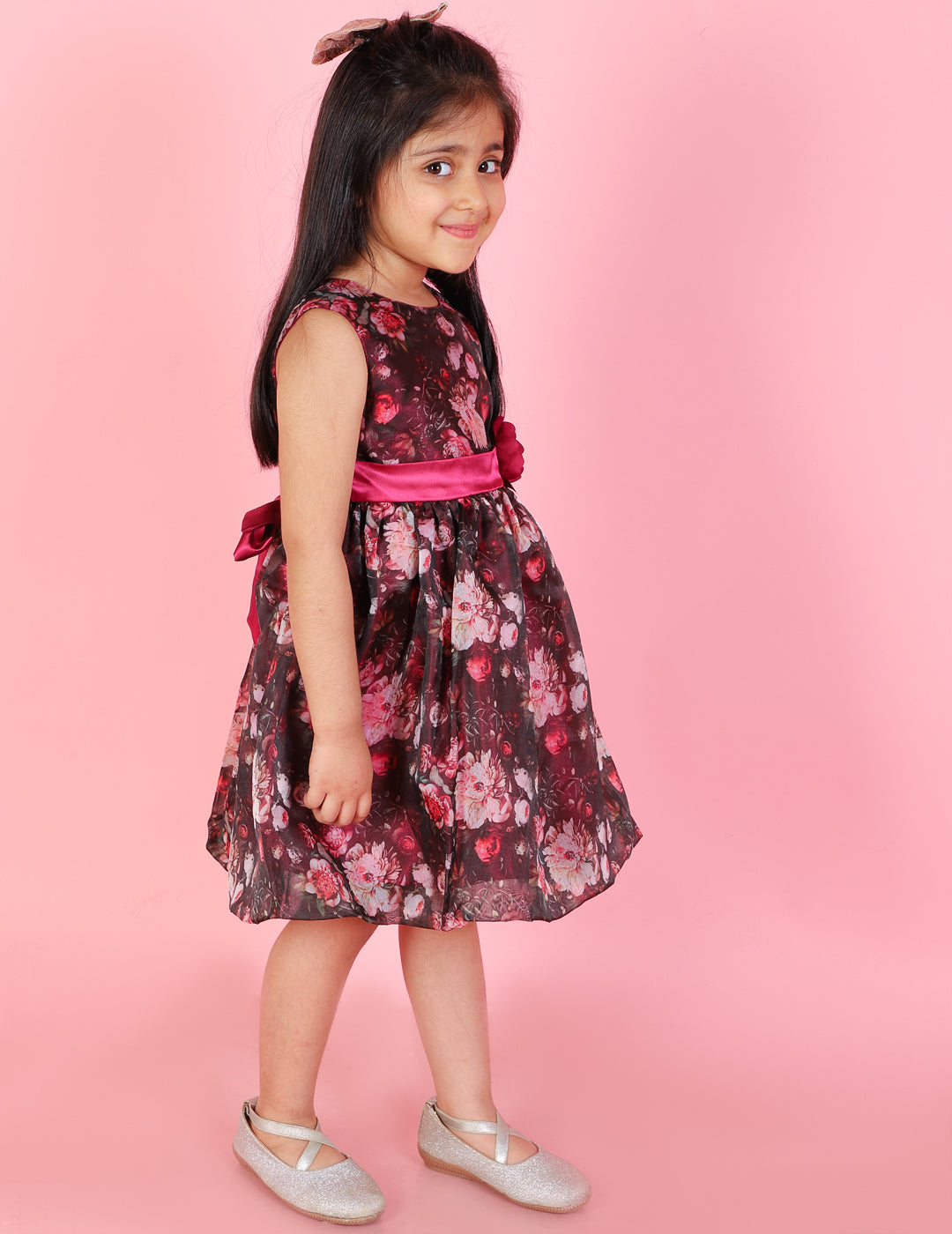 Girl's Stylish Floral Print Ballon Dress-Black - Lil Peacock