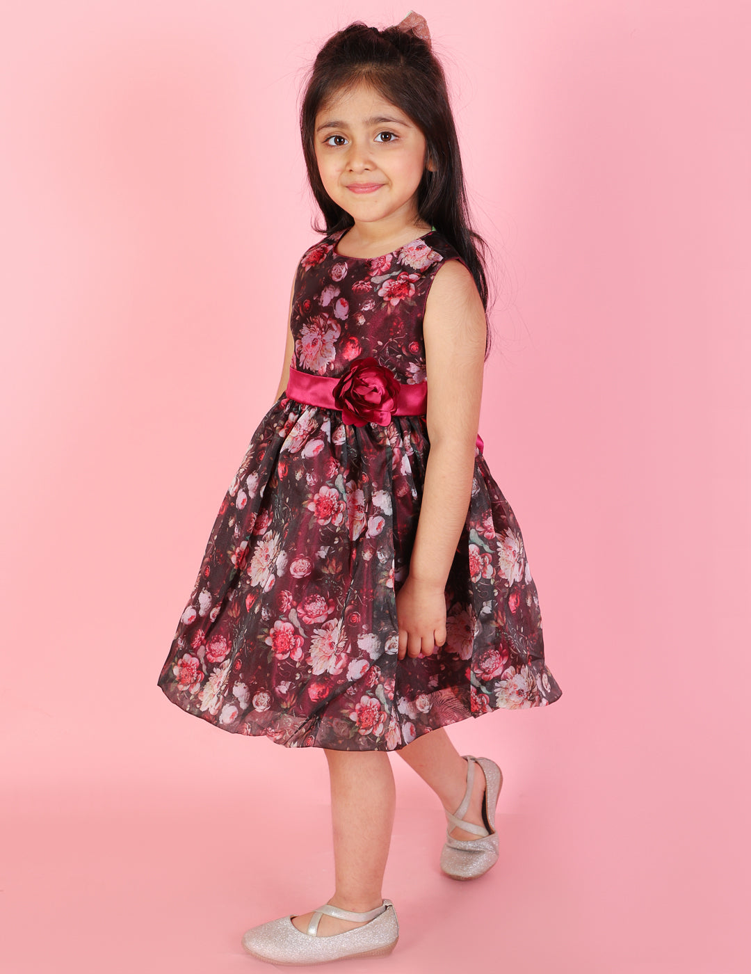 Girl's Stylish Floral Print Ballon Dress-Black - Lil Peacock