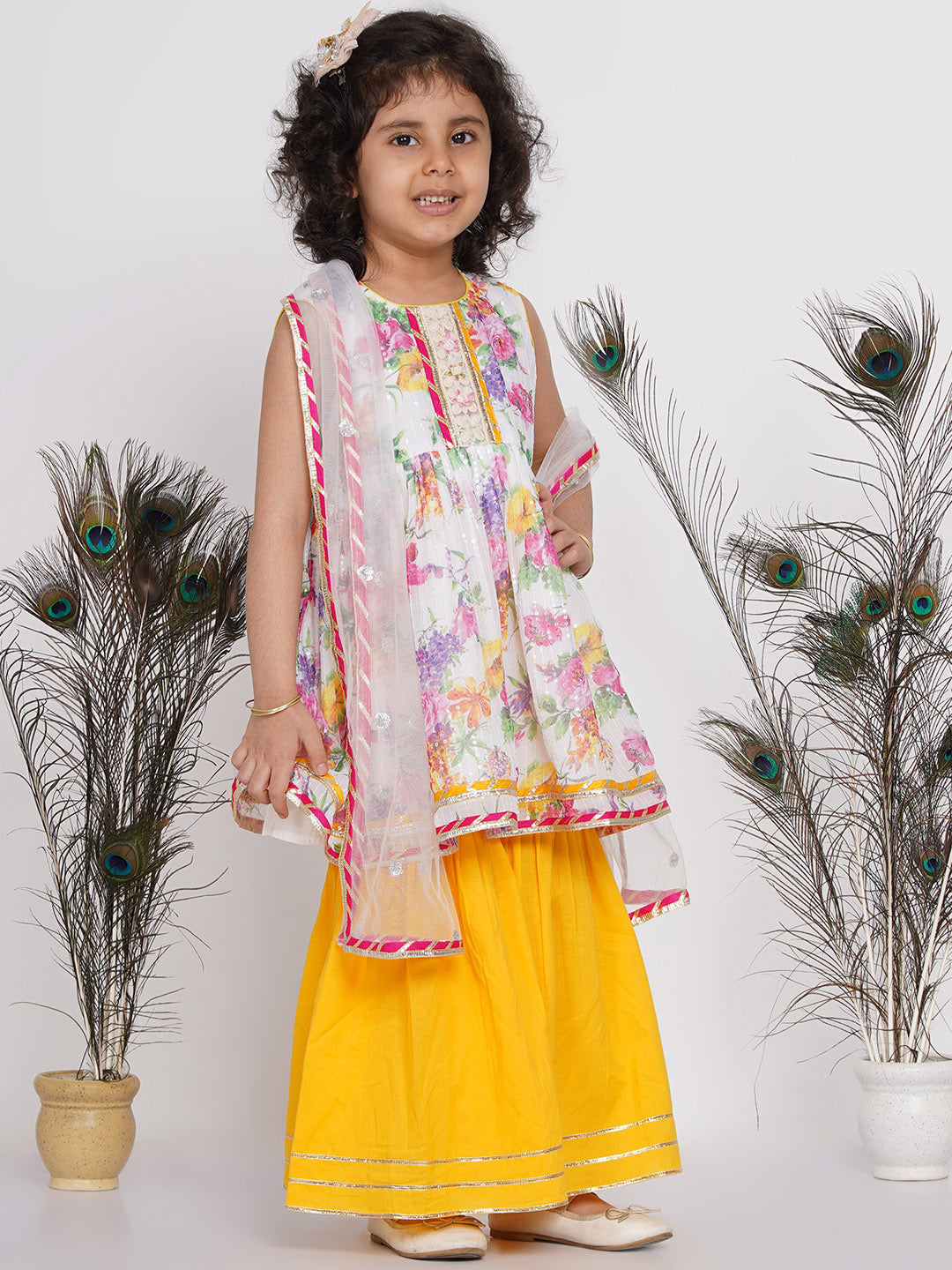 Girl's Floral Sequence Frock Kurta With Lacework And Gota Sharara And Lacework Duppata - White & Yellow - Little Bansi Girls