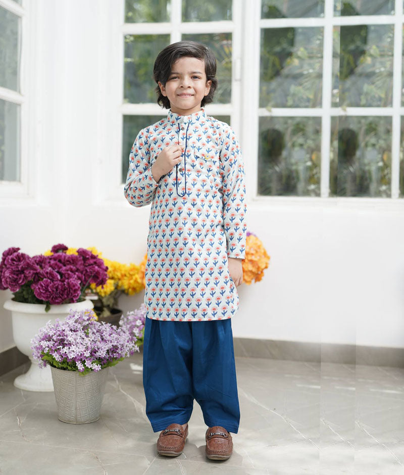 Boy's Orange Flower Boti Print Kurta And Salwar - Fayon Kids