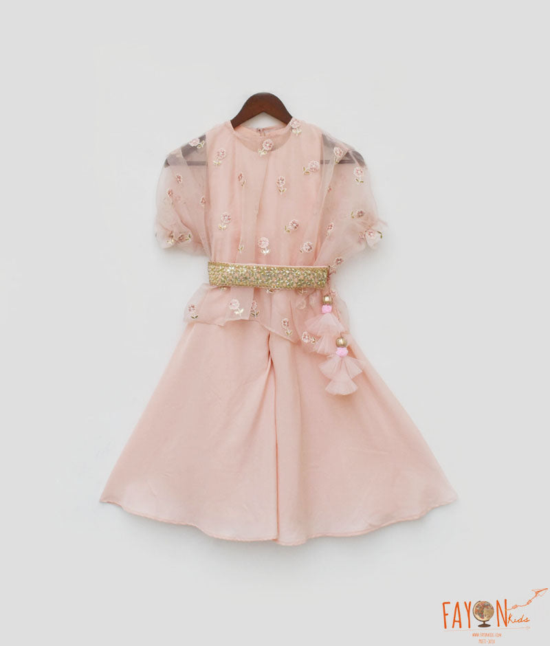 Girl's Peach Crape Jumpsuit And Organza Cape - Fayon Kids