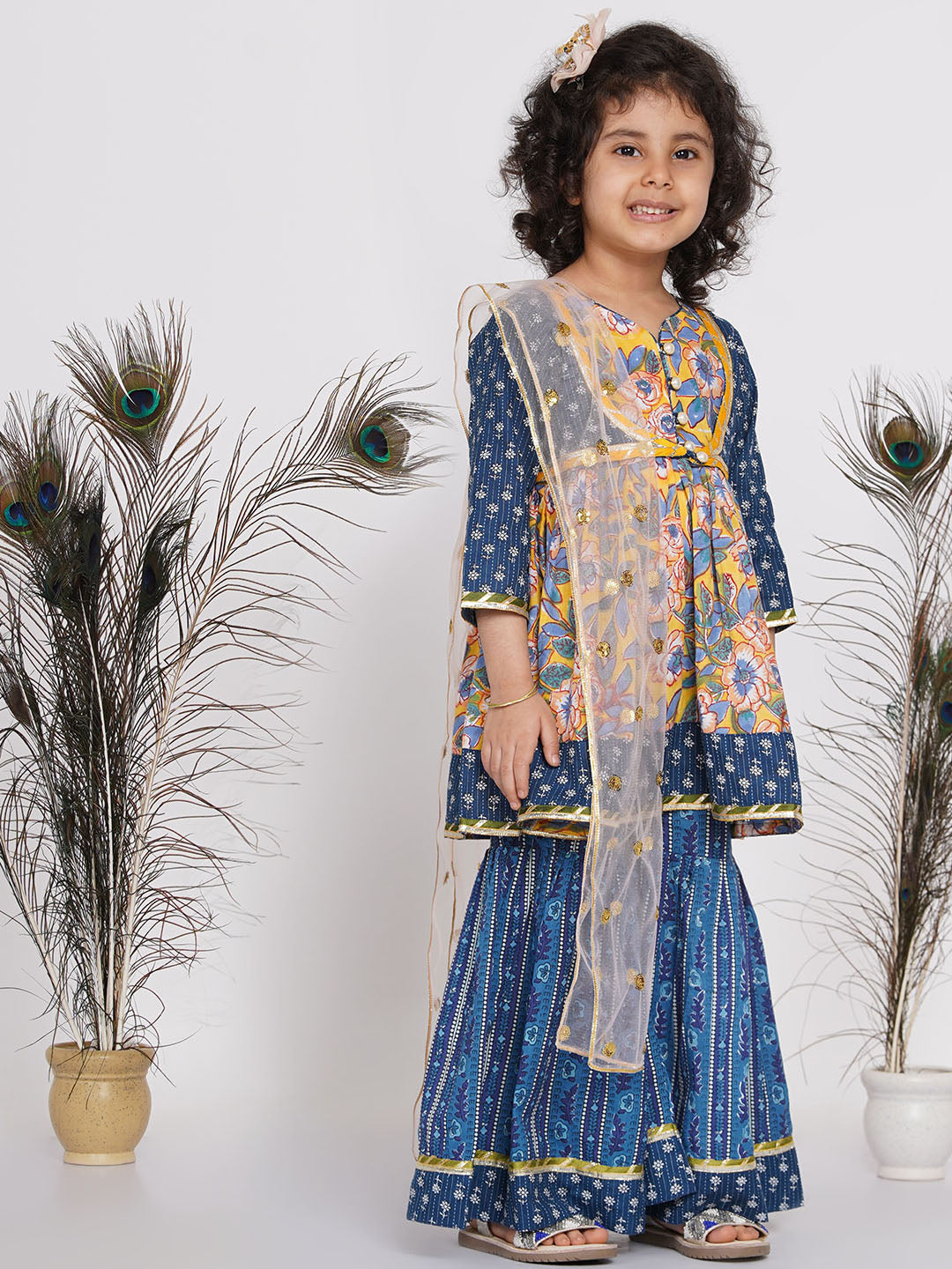 Girl's Floral Kurta with Indigo Floral Jacket with Sharara and Dupatta in Yellow and Blue - Little Bansi Girls
