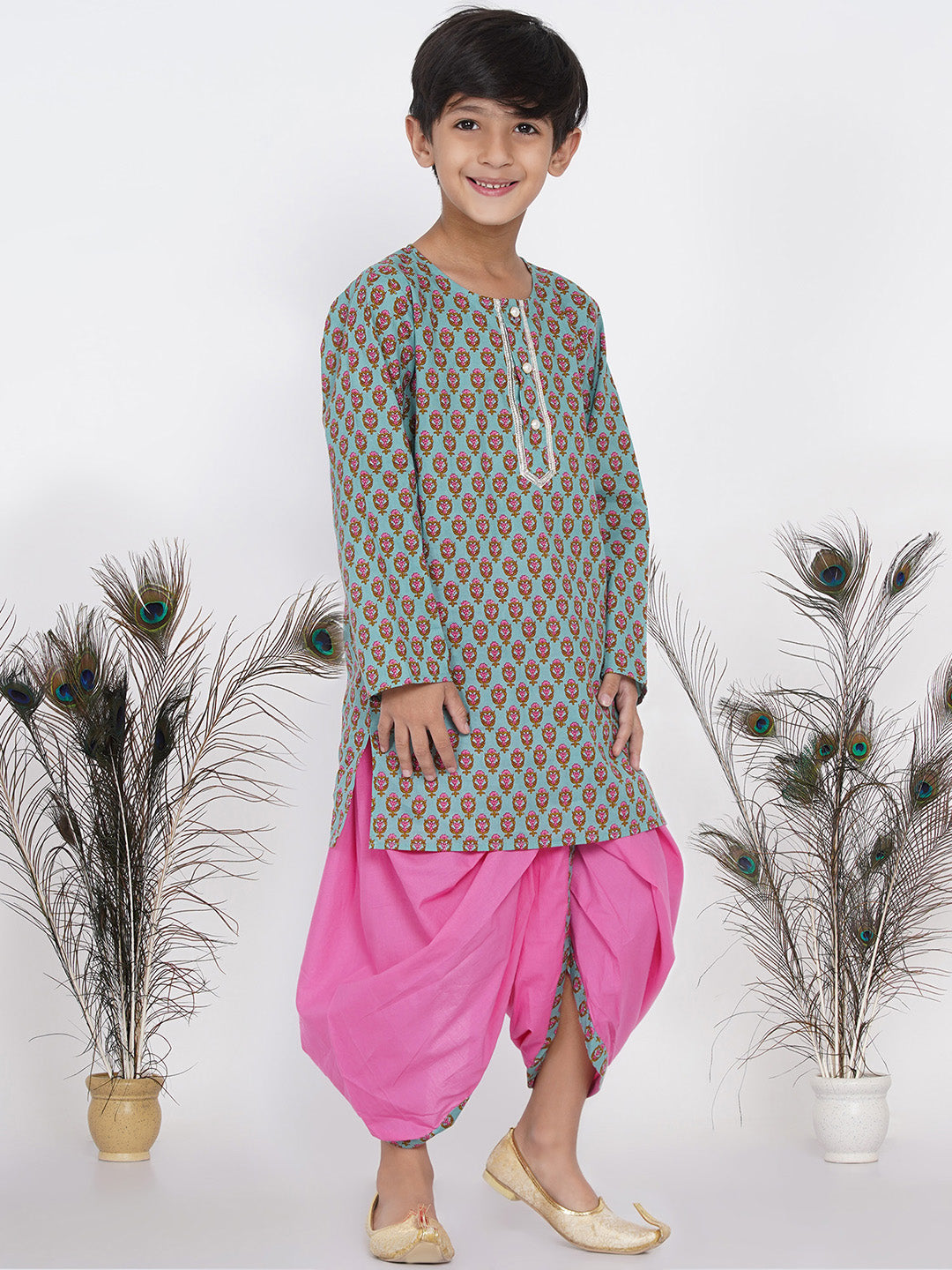 Boy's Floral Kurta with Pearl Buttons and Dhoti in Blue and Pink - Little Bansi Boys