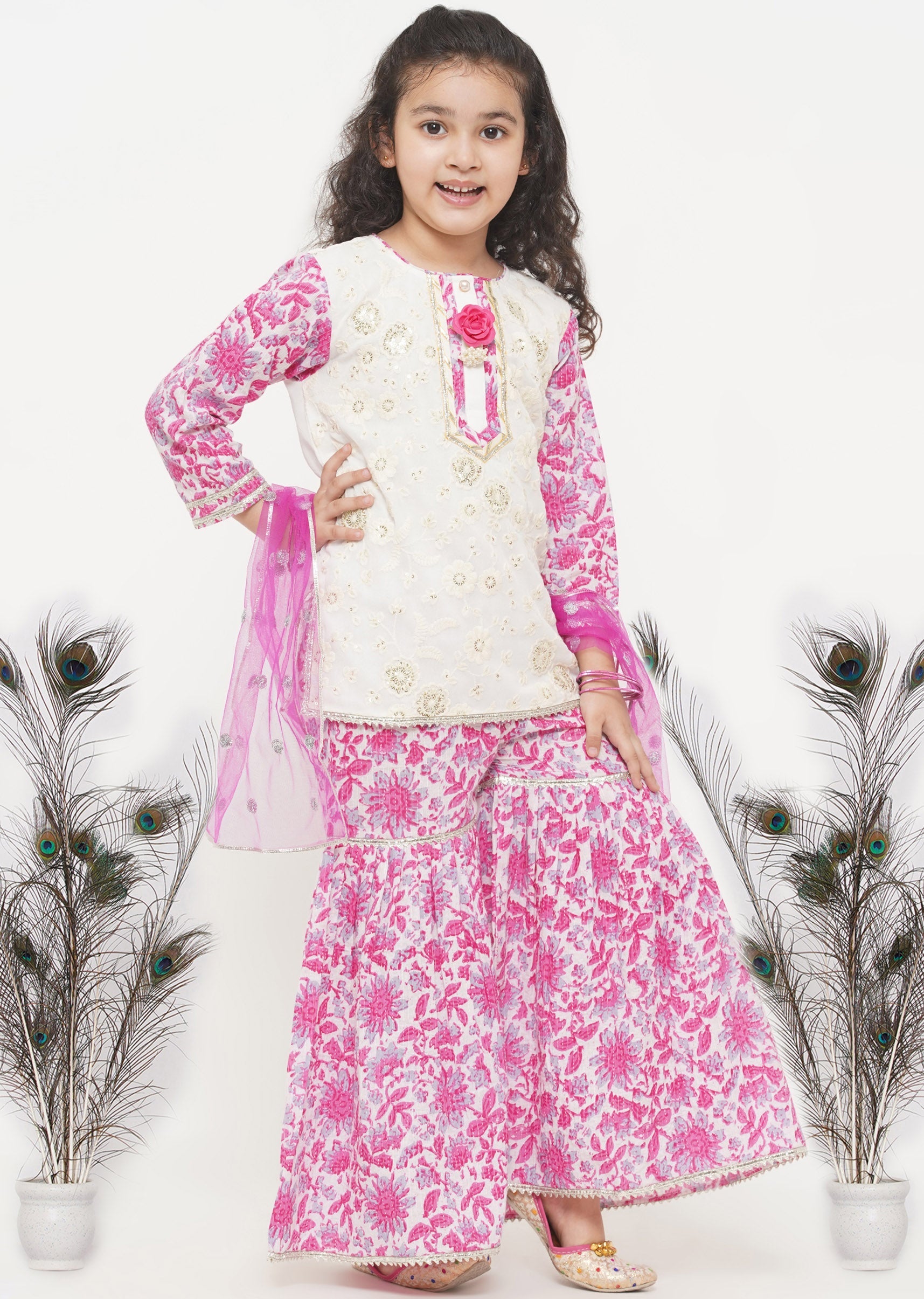 Girl's Cotton Floral Embroidery Kurta With Floral Detaling And And Floral Sharara With Dupatta - White And Pink - Little Bansi Girls