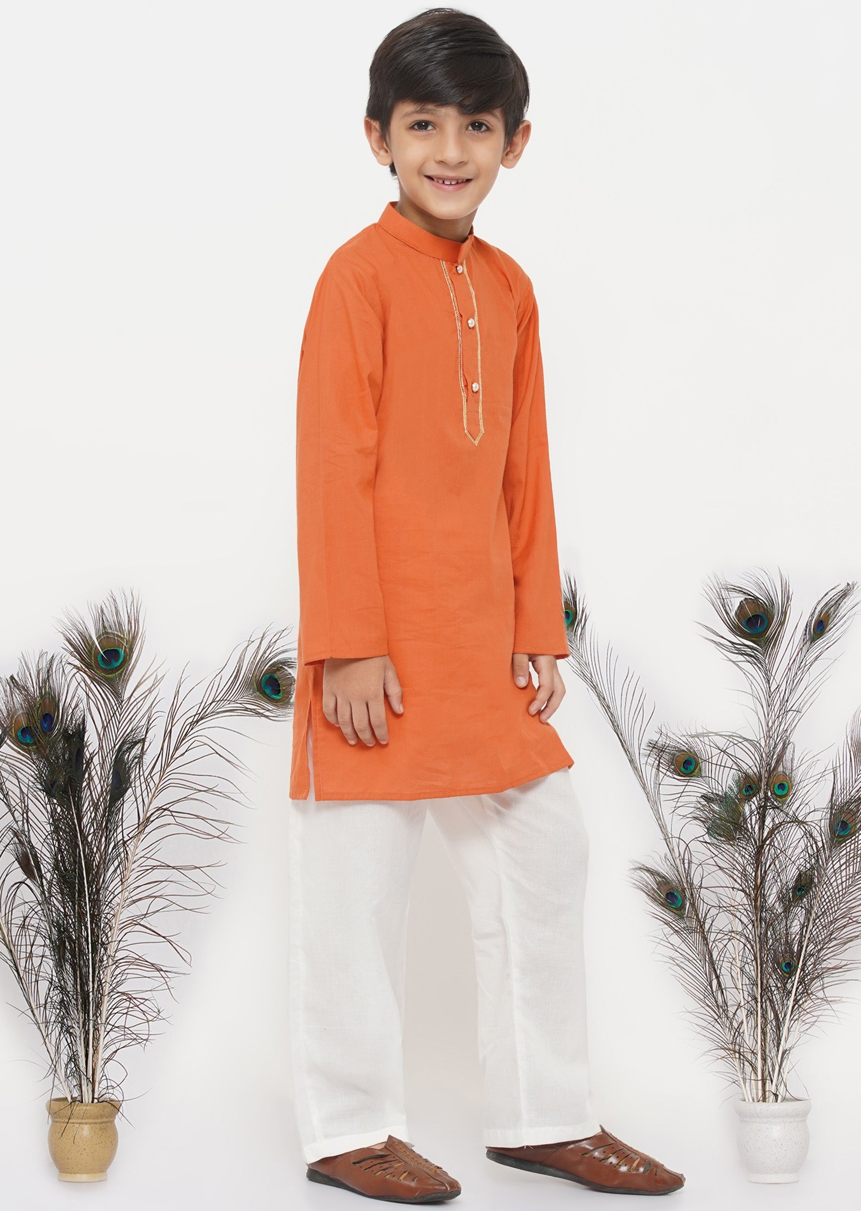 Boy's Cotton Kesari Kurta With Pearl Buttons And Pyjama -Orange And Cream - Little Bansi Boys