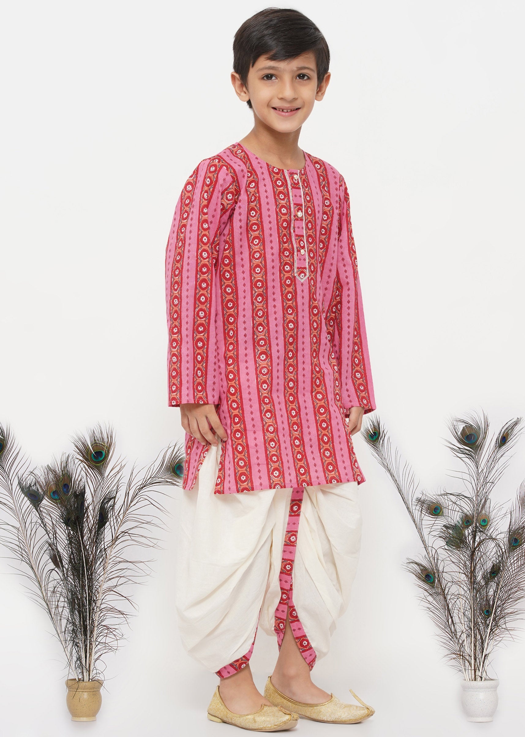 Boy's Cotton Striped Jaipuri Kurta With Pearl Buttons And Dhoti -Pink And Cream - Little Bansi Boys