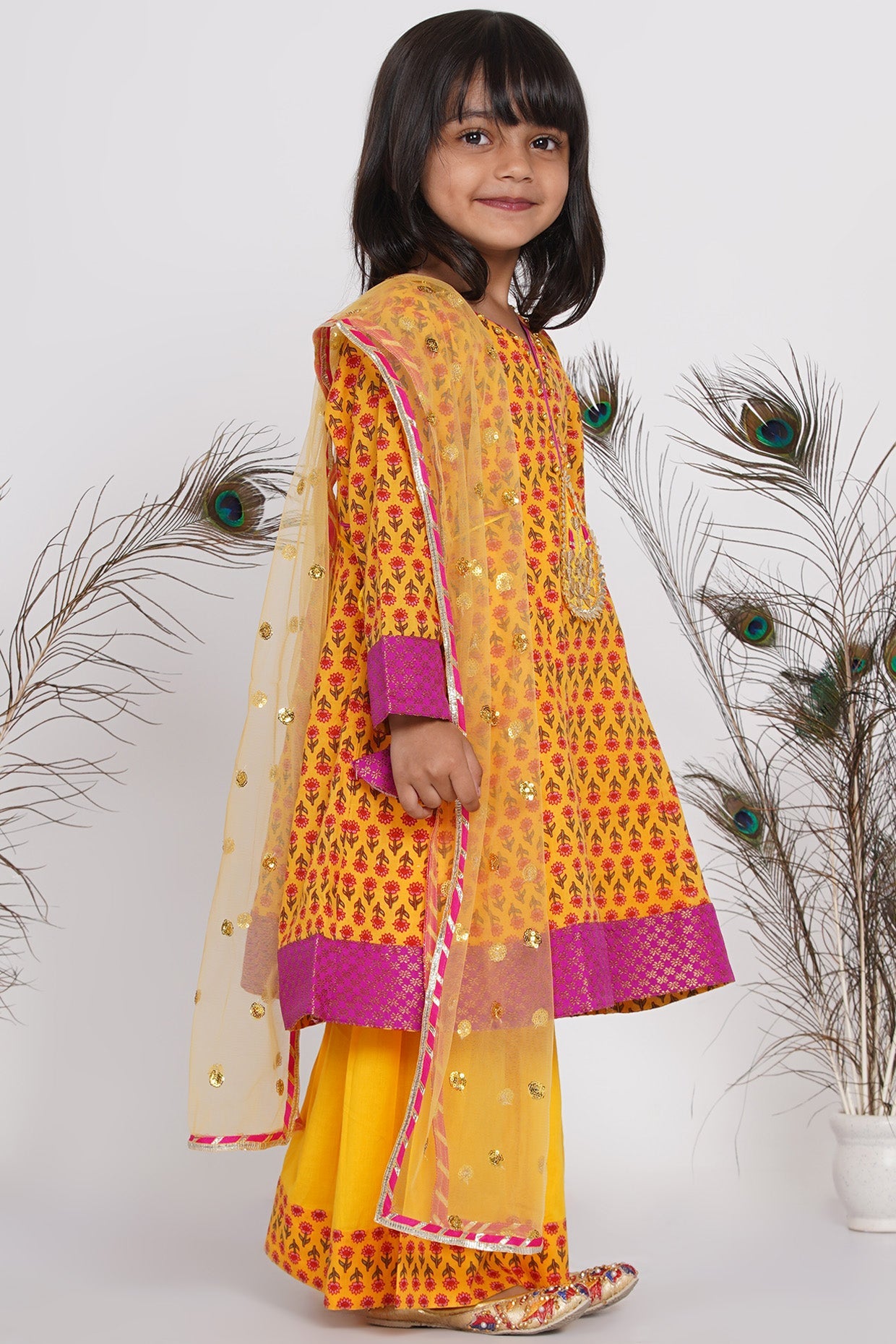 Girl's Cotton Jaipuri Princecut Kurta Frock With Booti Work, Sharara And Dupatta - Yellow - Little Bansi Girls